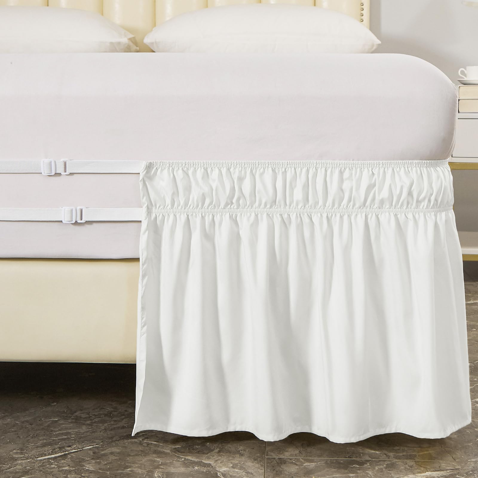 Meila Wrap Around Bed Skirt Three Fabric Sides Elastic Dust Ruffled 18 Inch Tailored Drop,Easy To Install Fade Resistant-Natural White, Twin/Full