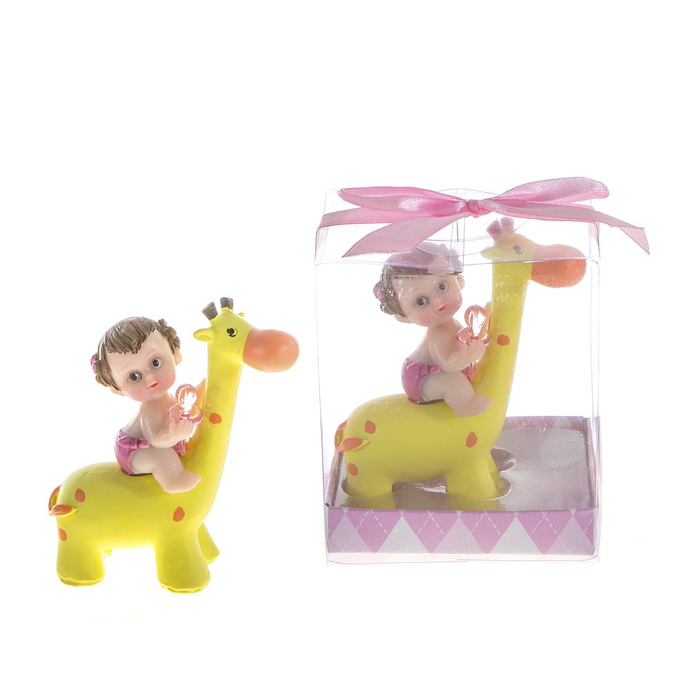 Lunaura Baby Keepsake - Set of 12 'Girl' Baby Holding Pacifier Sitting on Giraffe Favors - Pink