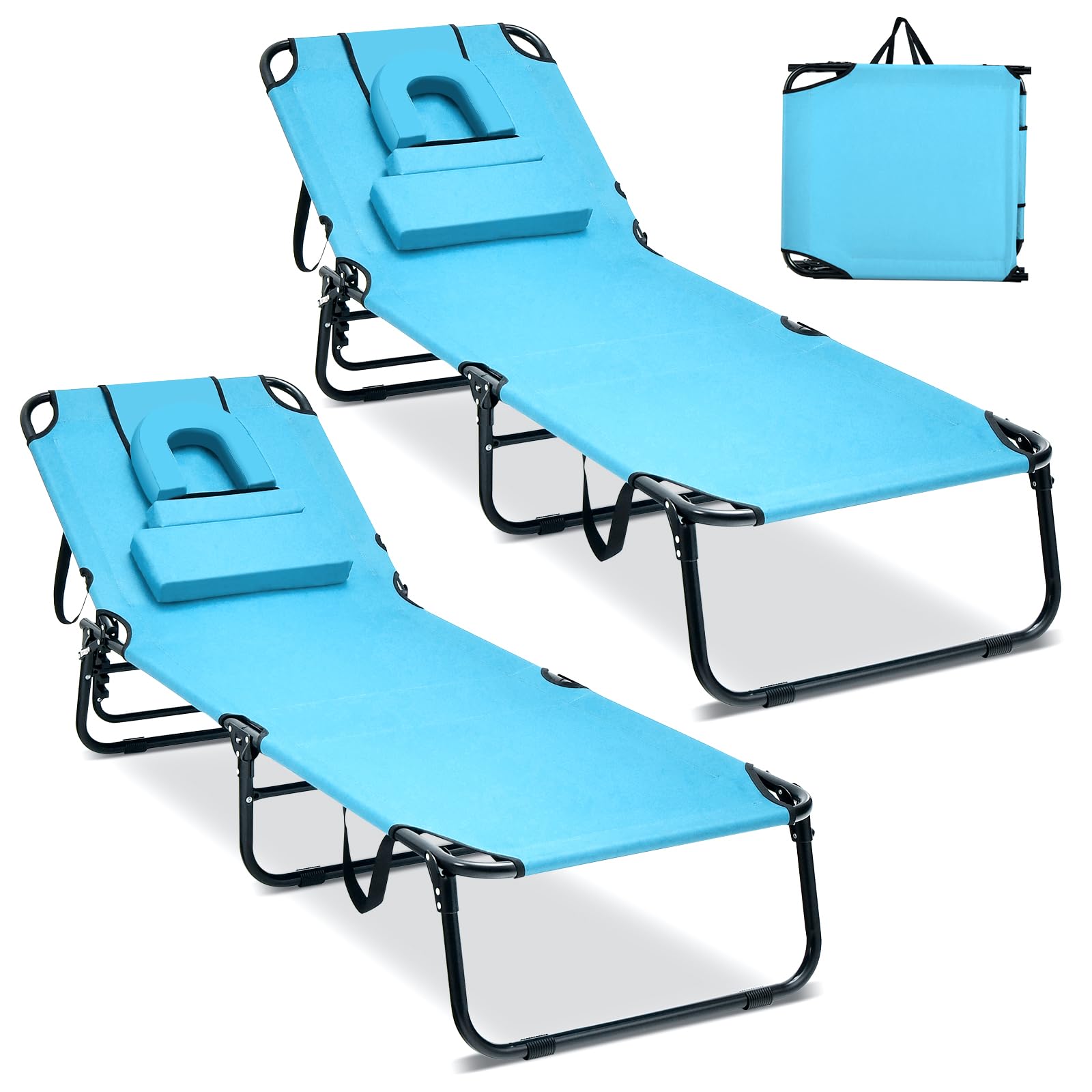 Gymax Tanning Chair, 350Lbs Beach Lounge Chair With Face Hole, Washable Pillow & Carry Strap, Adjustable Folding Chaise Lounge, Layout Chair For Outside, Patio, Poolside, Lawn (2, Arctic)