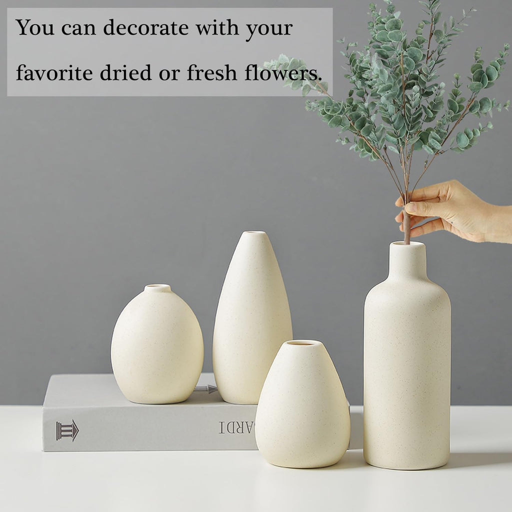 Cemabt Beige Ceramic Vase Set - 4 Small Vases For Flowers, Unique Flower Vases For Centerpieces, Decorative Modern Vases For Hom