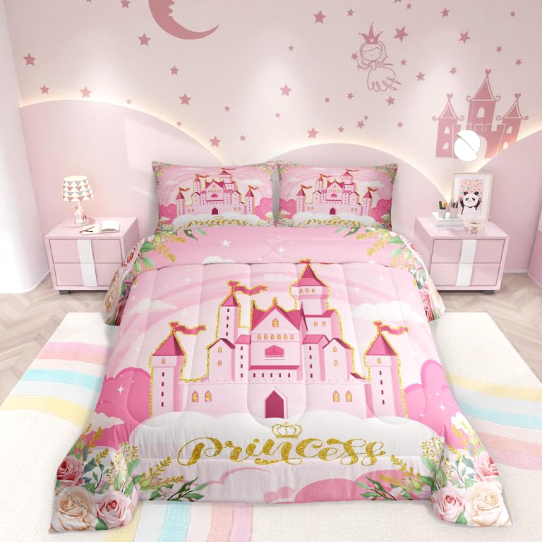 Girls Women Princess Comforter Set King,Pink Castle Dreamy Comforter Set Kids Bedroom Decor,Flowers Garden Princess Bed Set,Fair