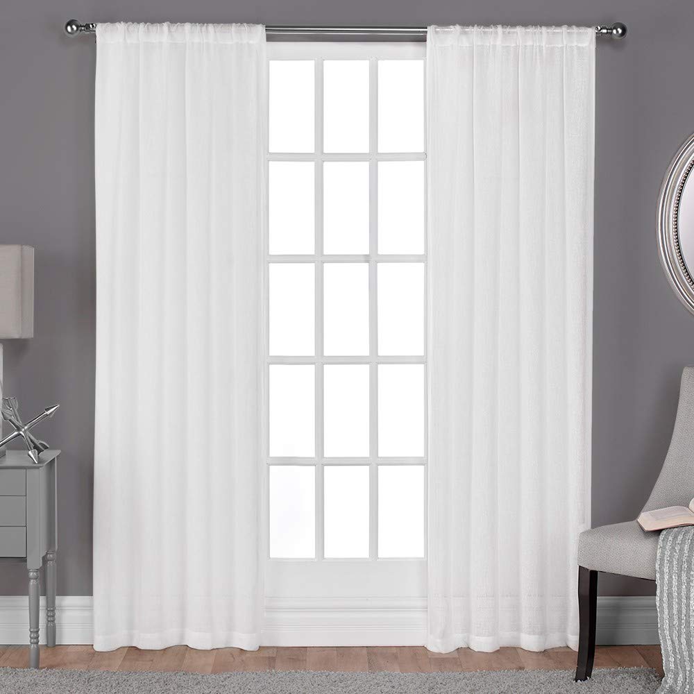 Exclusive Home RP Belgian Textured Linen Look Jacquard Sheer Rod Pocket Curtain Panel, Pair, 50x96, Winter White