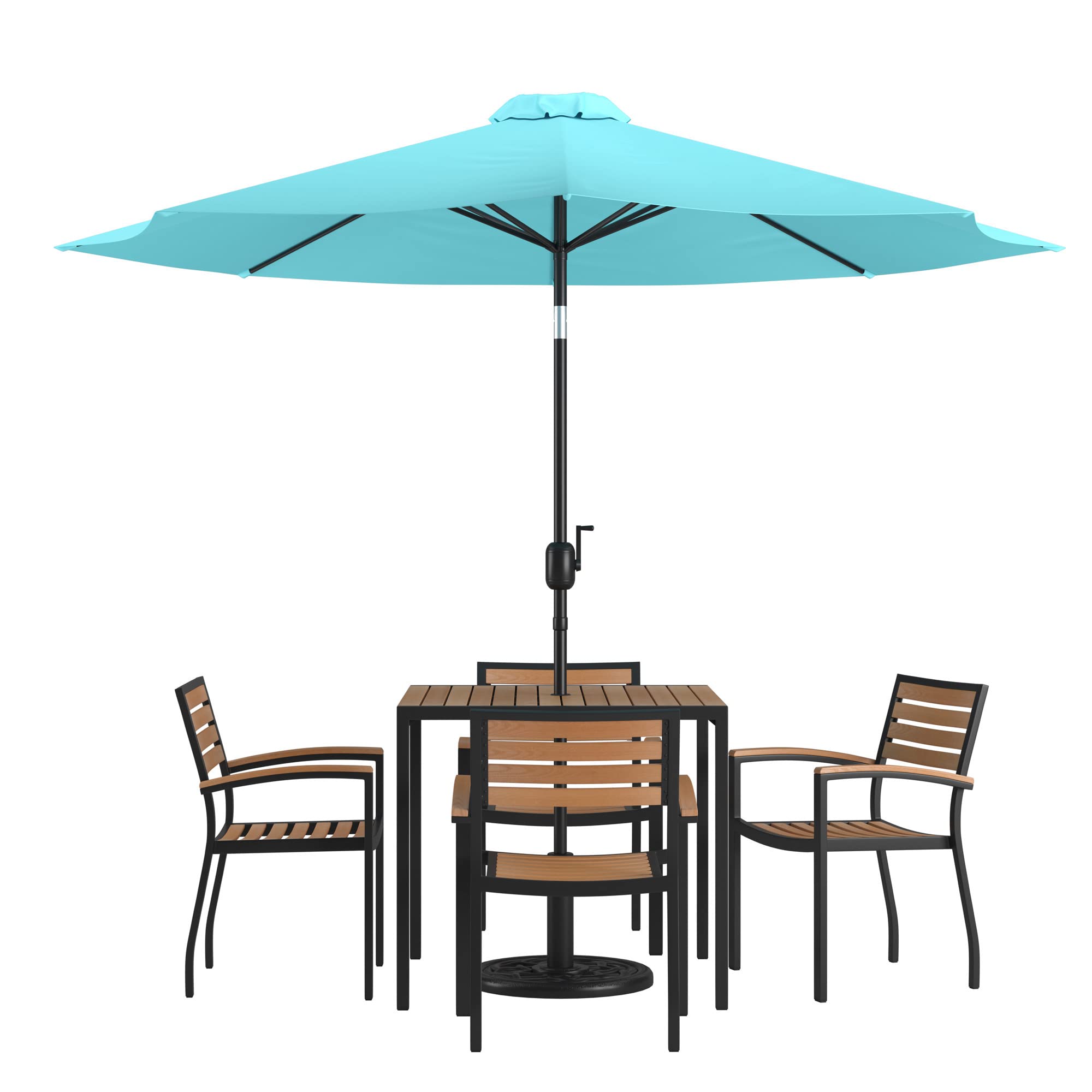 Flash Furniture Lark 7 Piece Outdoor Patio Dining Table Set - 4 Synthetic Teak Stackable Chairs with Arms - 35&quot; Square Table - Teal Umbrella with Base