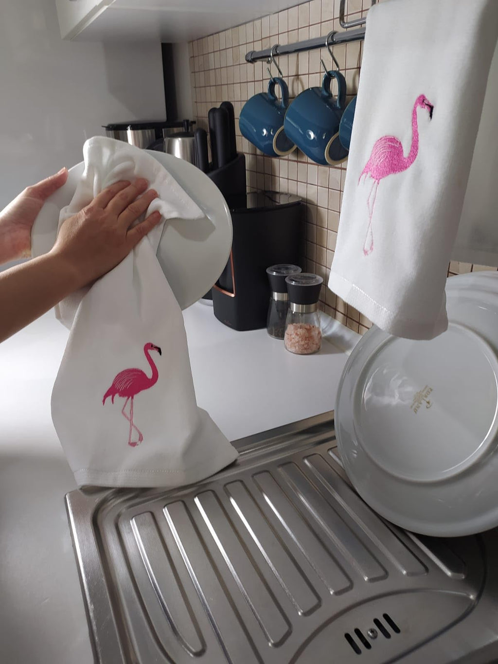 2 Pack White Flamingo Hand Towels, 100% Soft Cotton, Basket Stuffers, (12X20 Inches) Decor Hand Towels Gift Packed, Decorative H