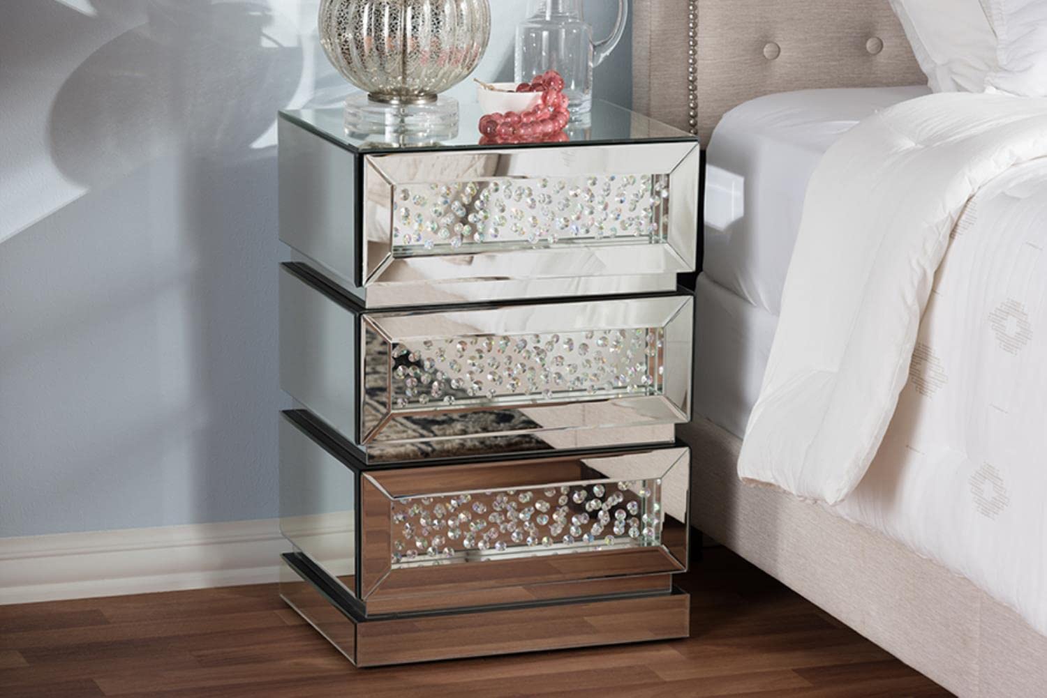 Baxton Studio Sabrina Hollywood Regency Glamour 3-Drawer Nightstand MDF/Silver Mirrored/Glam
