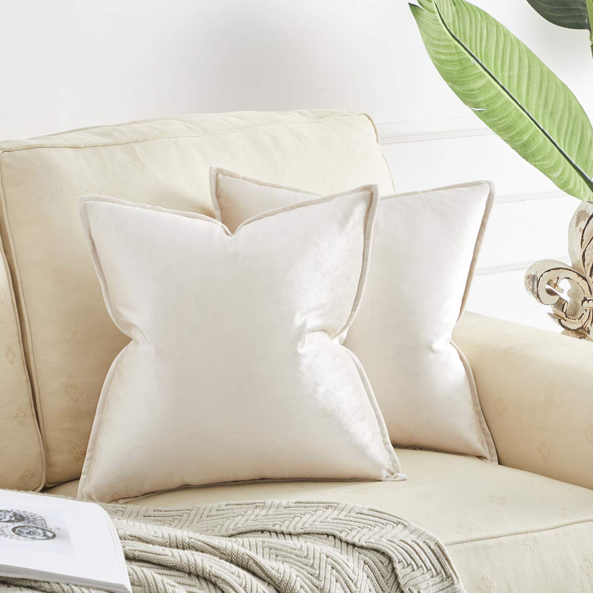 Gigizaza Velvet Decorative Throw Pillow Covers,16X16 Peacock White Ivory Square Couch Sofa Pillow Covers,Pack Of 2