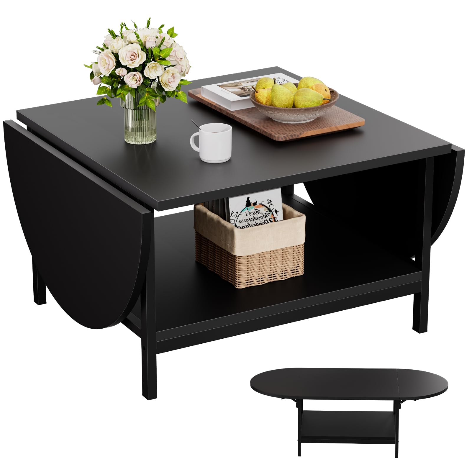 SAYGOER Modern Coffee Table 2-Tier Extended Coffee Tables for Living Room 2-Tier Small Extended Table with Storage White Center 