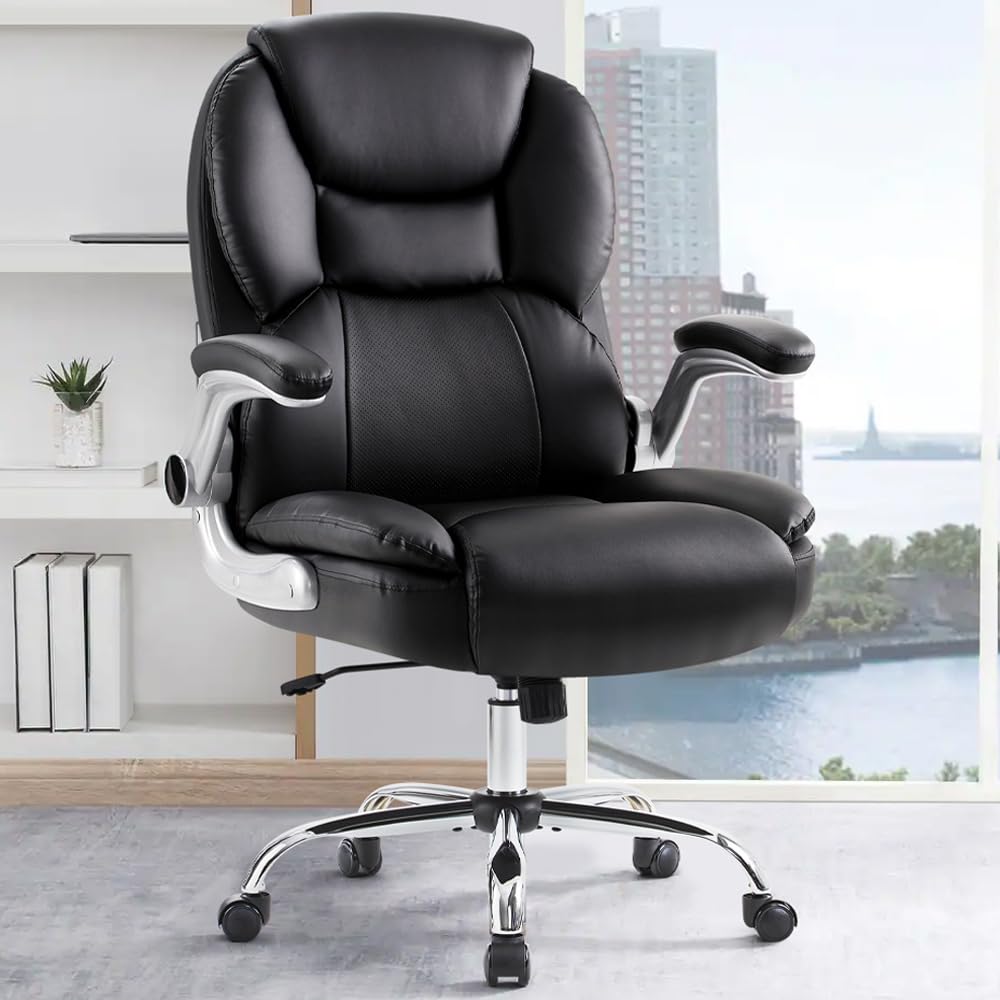 Iwmh Executive Office Chair, Ergonomic Big And Tall Computer Desk Chairs, High Back Pu Leather Chair With Padded Flip-Up Armrest