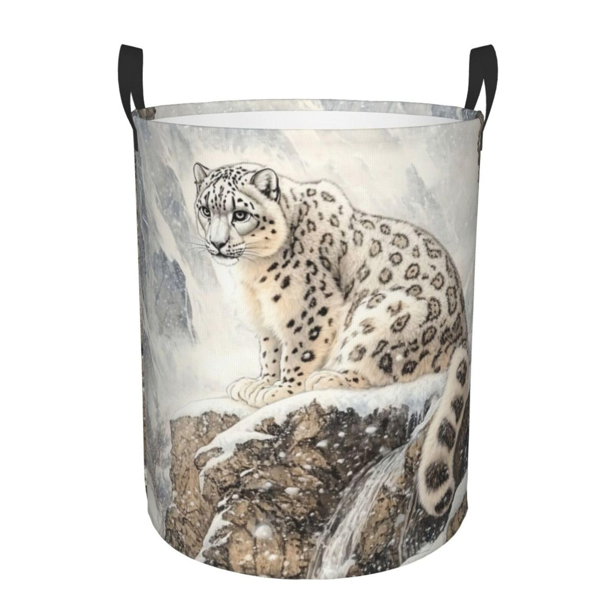 IYOVI snow leopard cute Laundry Hamper Round, Large Canvas Fabric Lightweight Storage Basket Toy Organizer