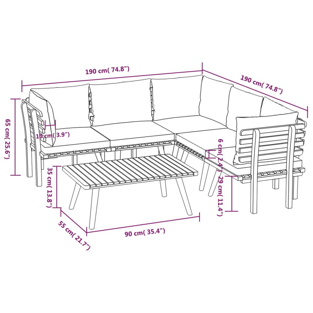 vidaXL Patio Lounge Set 6 Piece, Sectional Sofa for Outdoor Backyard, Couch with Cushions, Patio Furniture Set with Table, Solid Wood Acacia
