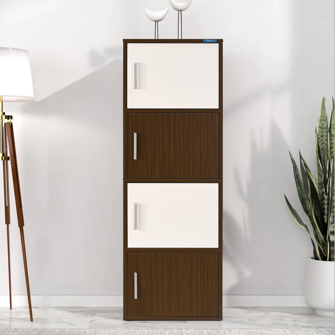 Nilkamal Sear 4 Tier Engineered Wood Free Standing Book Shelf Cabinet With Close Shelf | Legno Oak/Frosty White