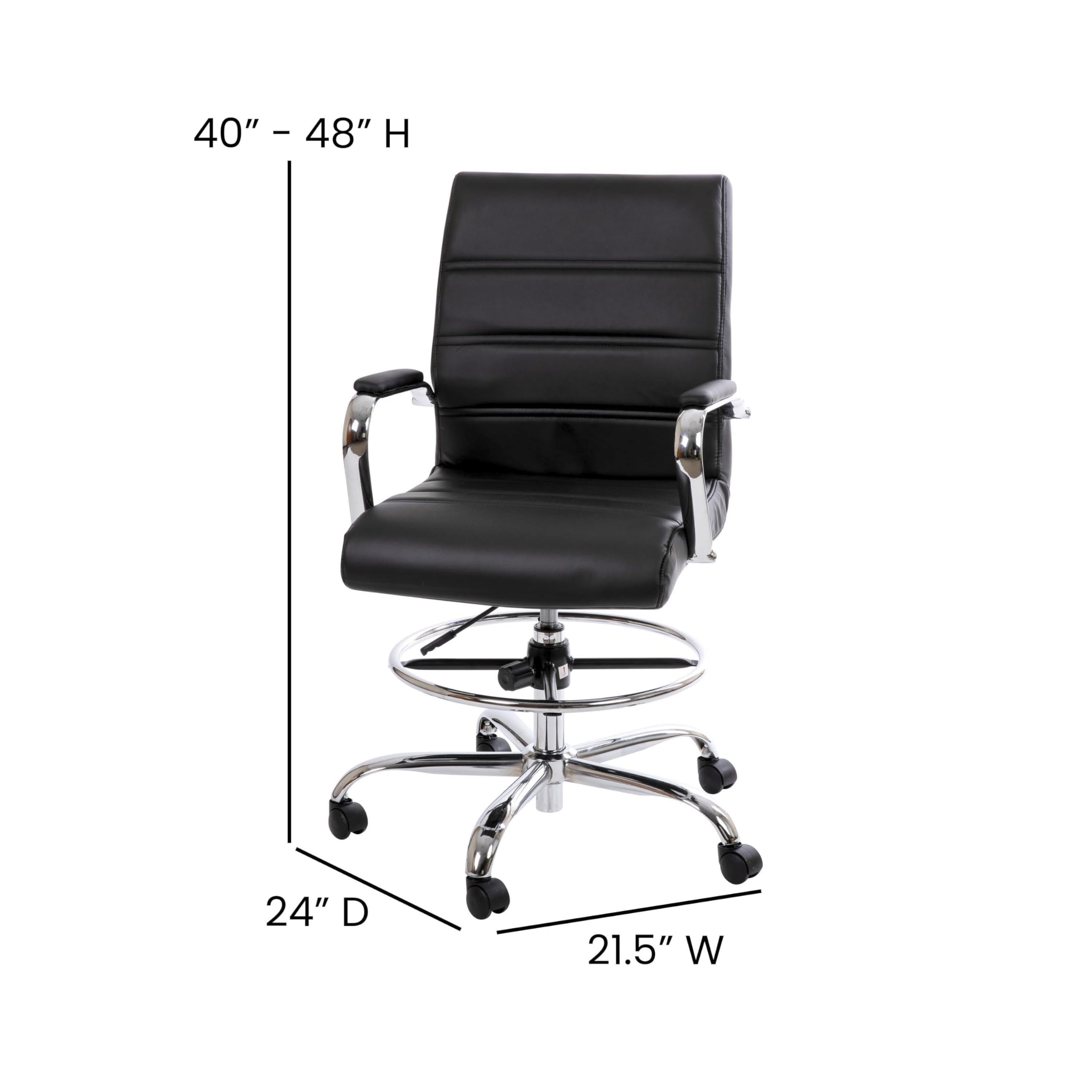 Flash Furniture Whitney Mid-Back Swivel LeatherSoft Drafting Chair with Padded Seat, Armrests, and Foot Ring, Adjustable Office Chair, Black/Chrome