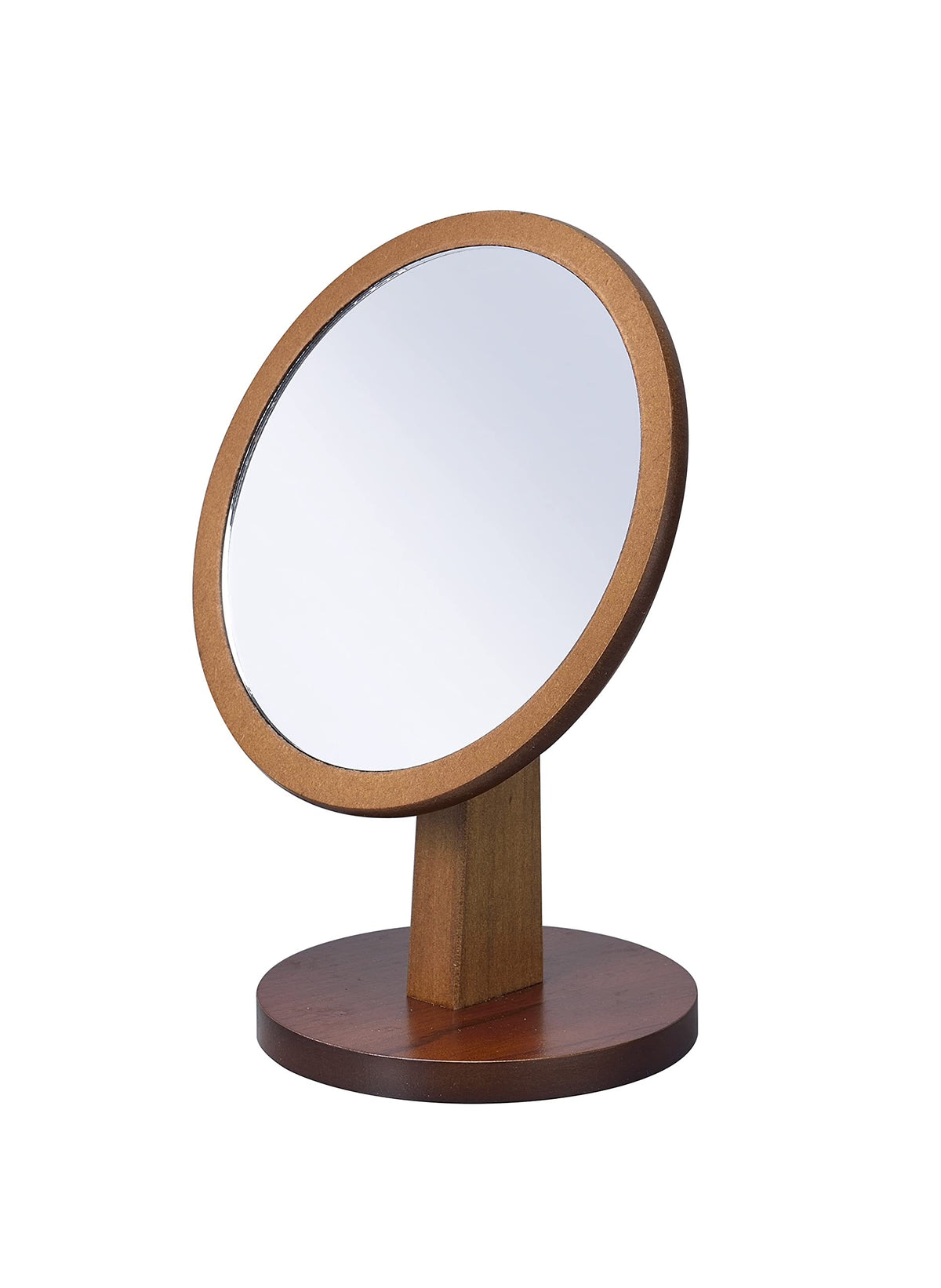 HomeRoots Brown/Walnut Wood/Glass Walnut Finish Round Vanity Mirror on Pedestal