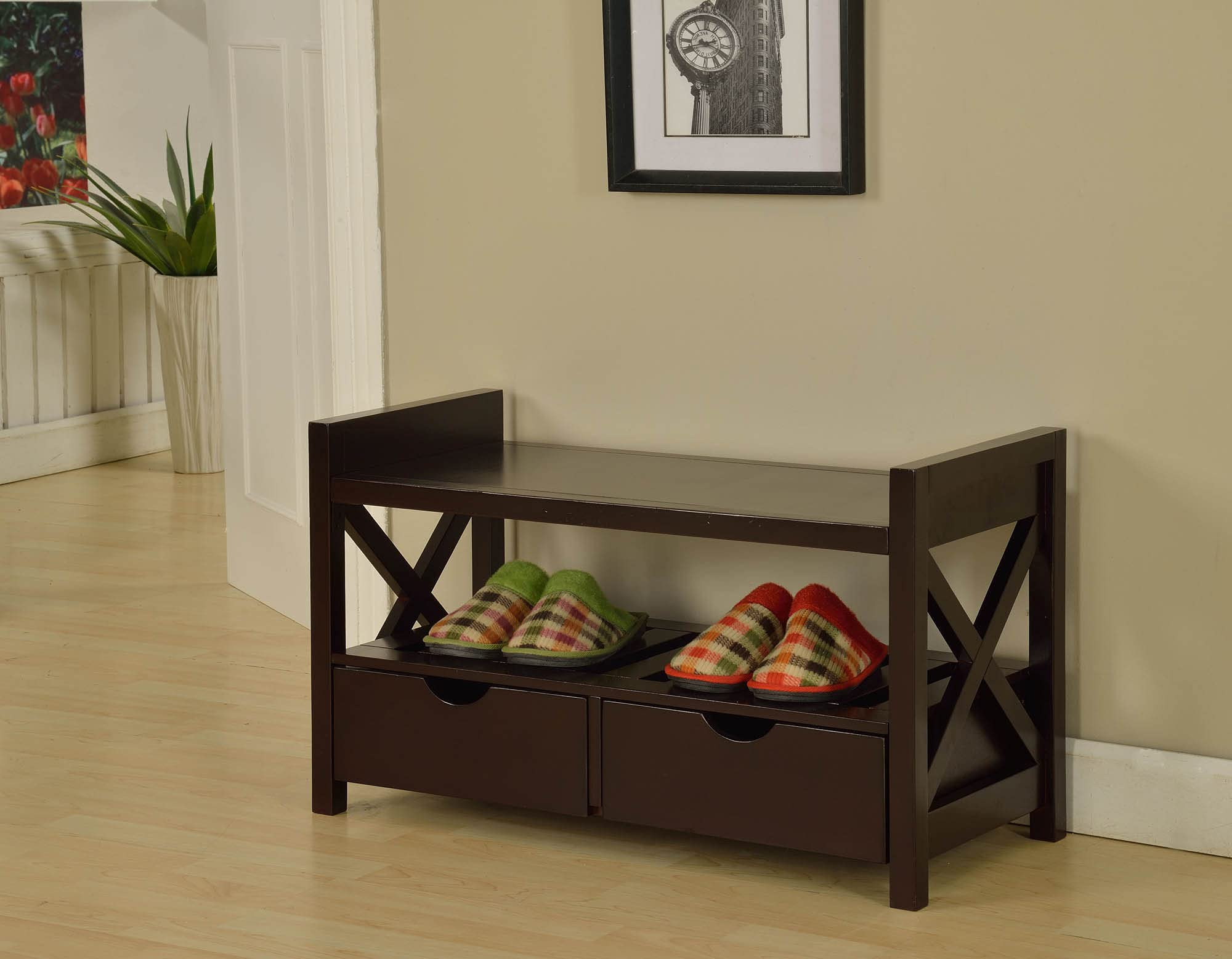 Pilaster Designs Contemporary Tavia Shoe Storage Bench with Drawers & Open Shelf, Cherry Wood
