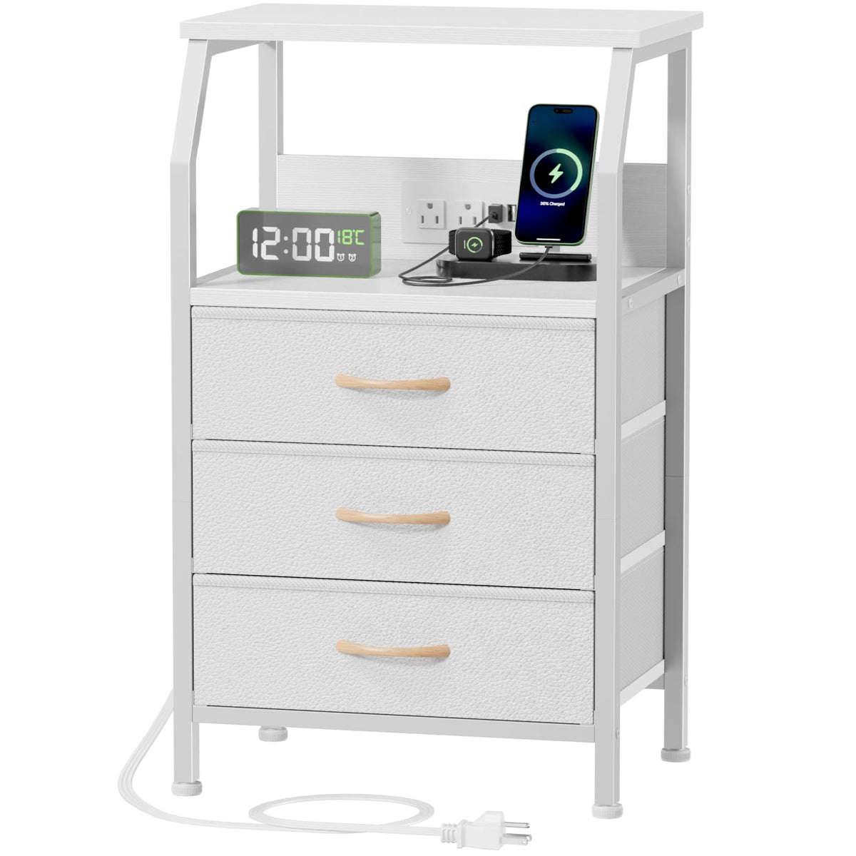 Furnulem Night Stand With Charging Station, 28.3 Inch Tall Bedside Table With Pvc Drawers, End Table With Usb Ports And Outlets, 3 Fabric Drawer Storage Nightstand For Bedroom, 3 Ways To Use, White