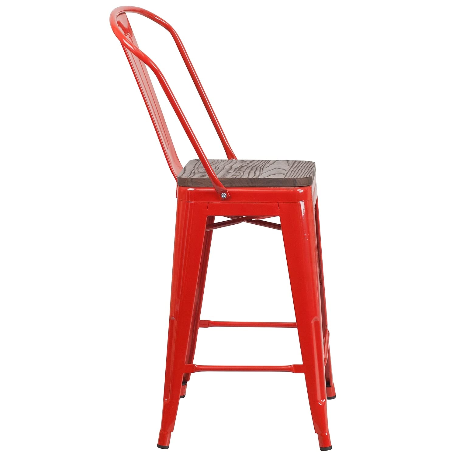 Flash Furniture Lily 24&quot; High Red Metal Counter Height Stool With Back And Wood Seat (Pack Of 1)