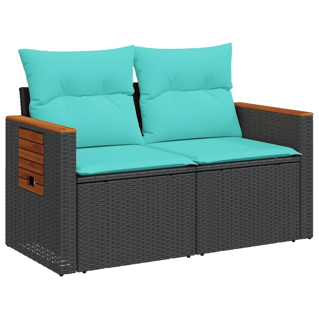 vidaXL 2-Seater Outdoor Patio Sofa Loveseat with Cushions - Black Poly Rattan with Foldable Side Table and Storage Bag, 48.8&quot;x24.4&quot;x27.2&quot;, Blue Cushions Included