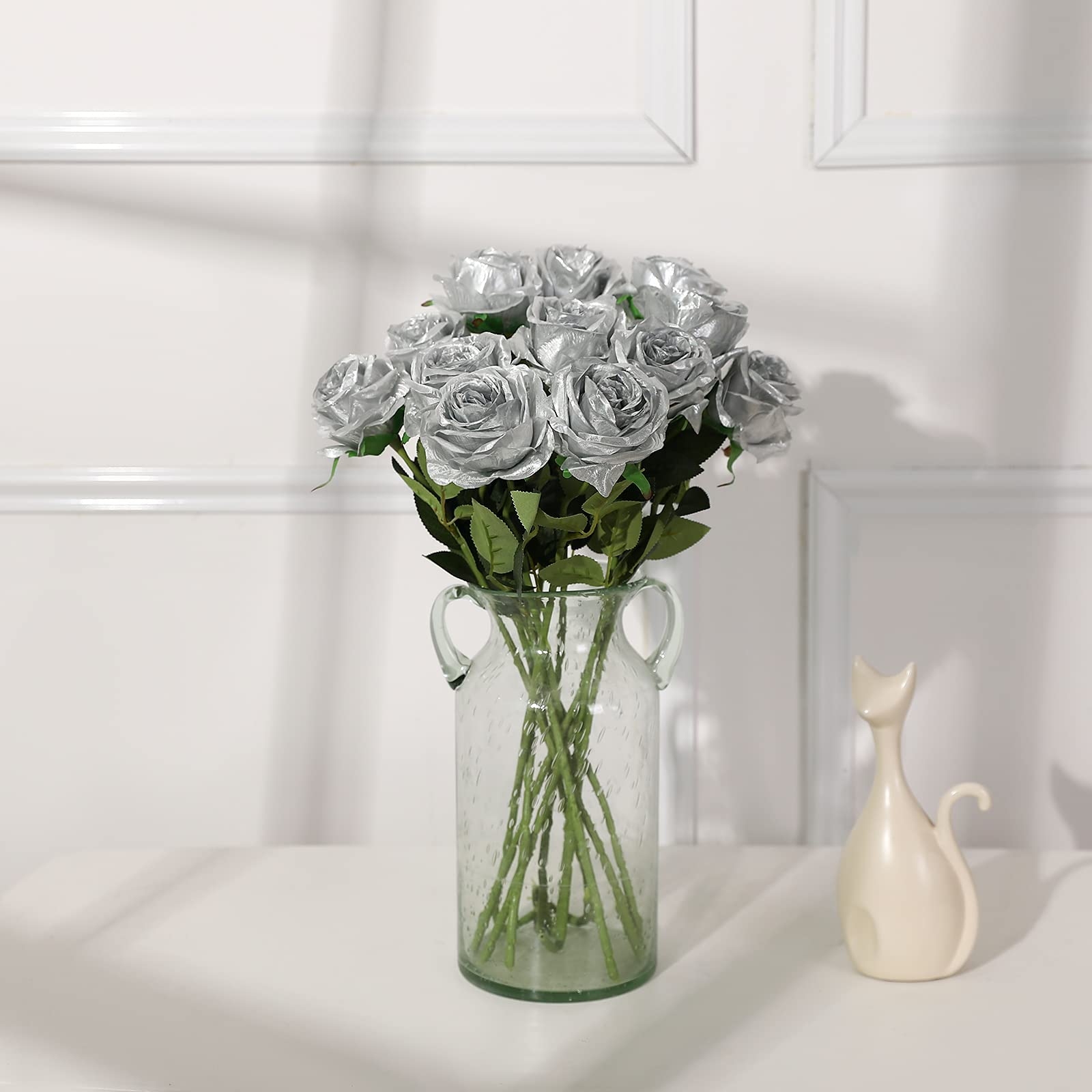 Tifuly Silver Roses Artificial Flowers -12Pcs Realistic Single Long Stem Fake Silk Roses Bouquet For Party Home Wedding Centerpi