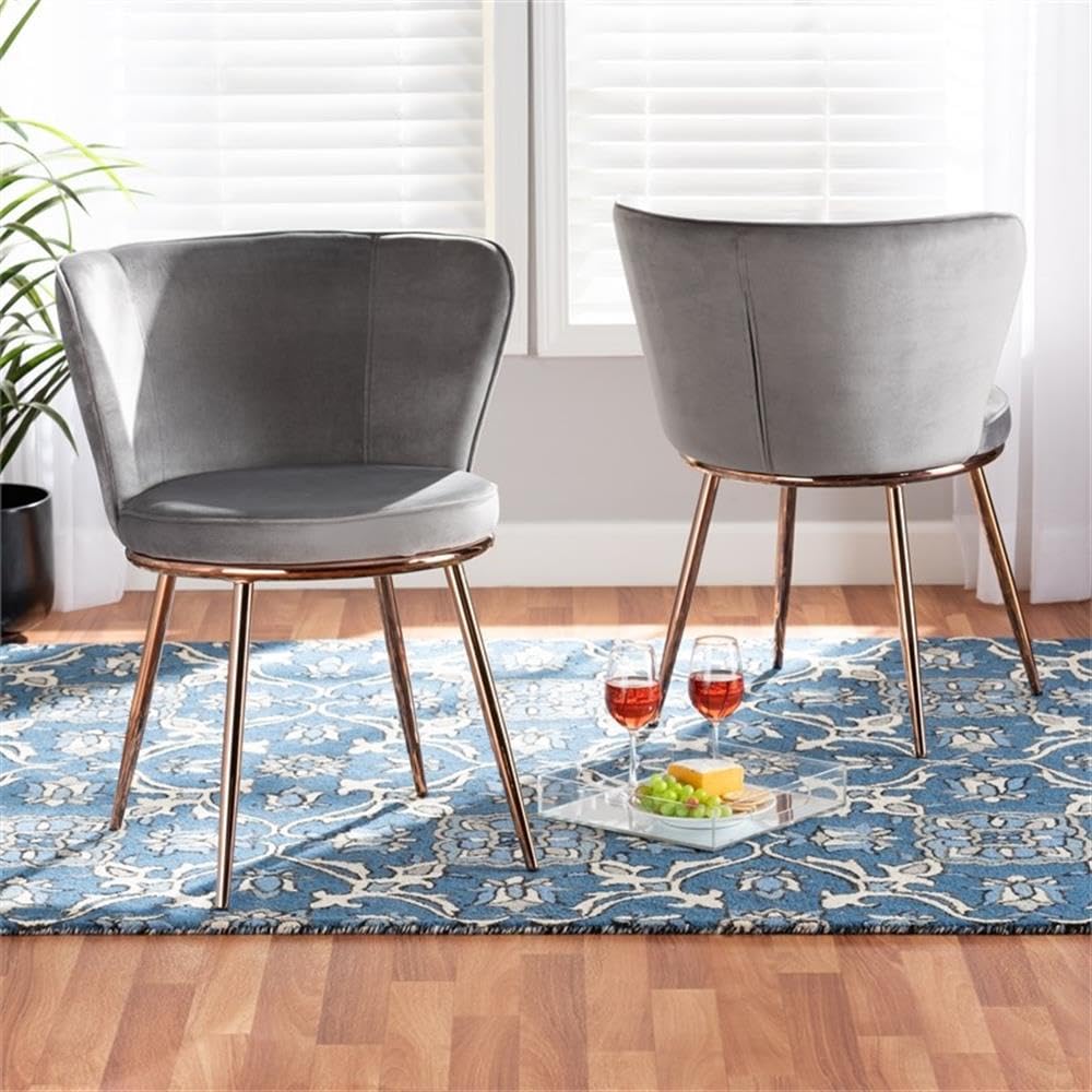 Baxton Studio Farah Modern Luxe and Glam Grey Velvet Fabric Upholstered and Rose Gold Finished Metal 2-Piece Dining Chair Set