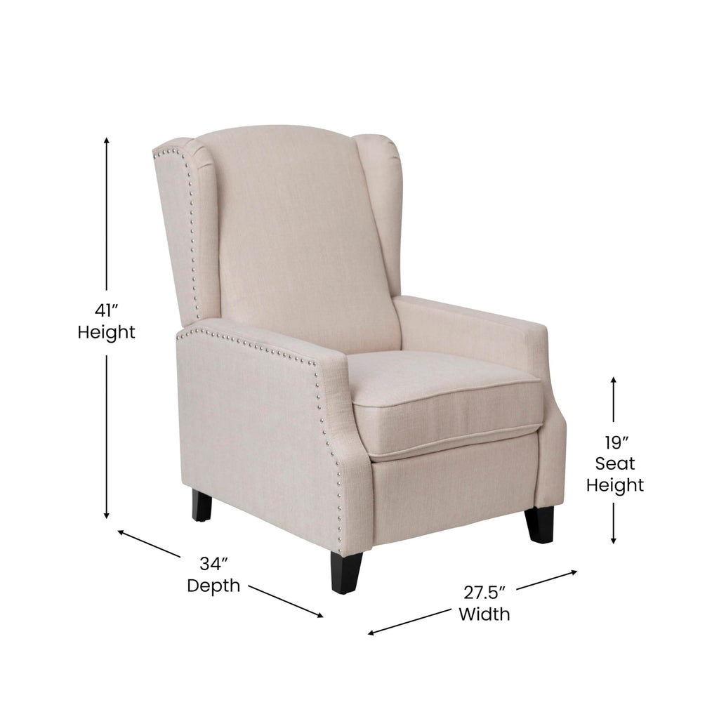 Flash Furniture Prescott Polyester Fabric Upholstered Slim Wingback Recliner, Modern Pushback Recliner Chair with Pocket Spring Seat, Cream