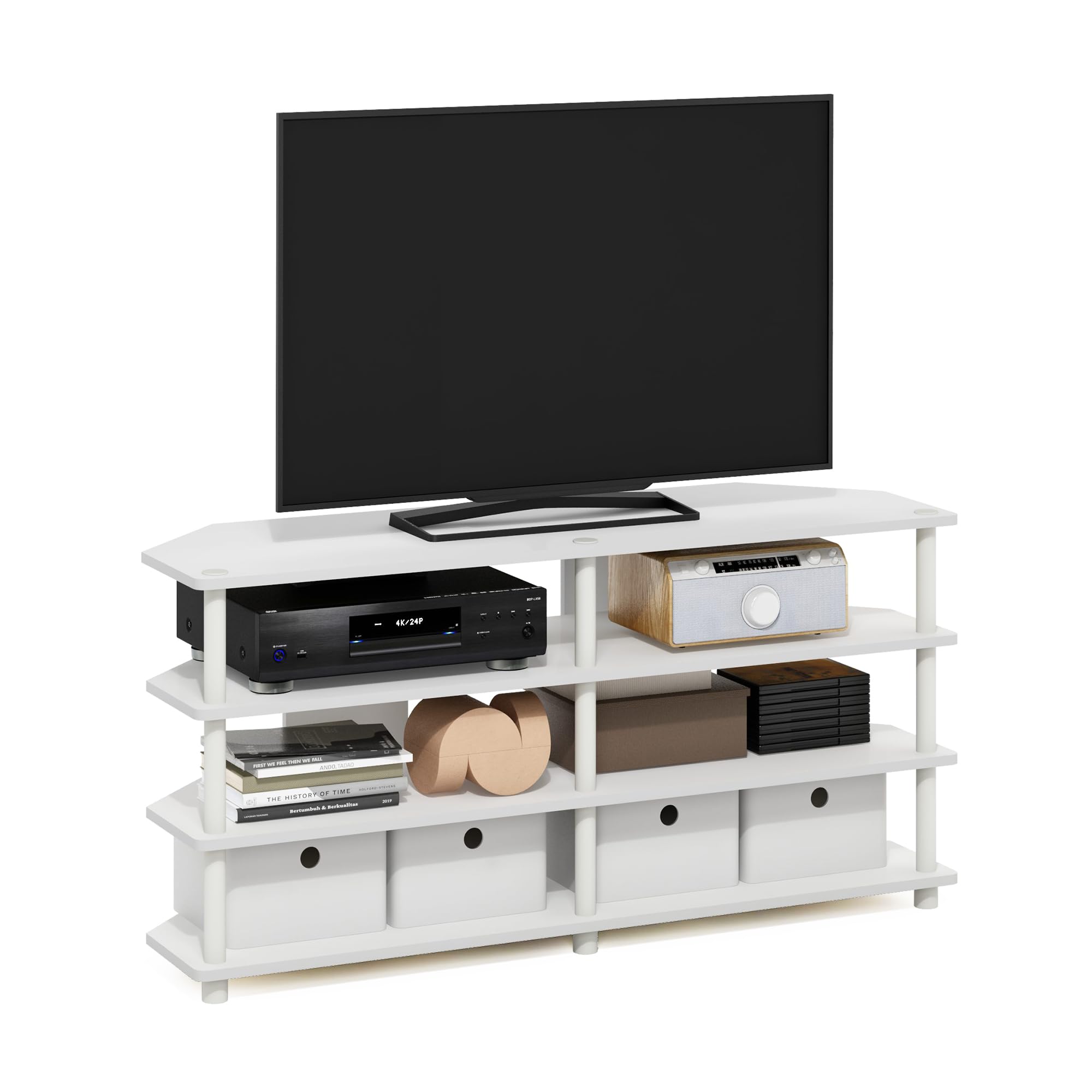 Furinno Econ Easy Assembly 4-Tier Corner TV Stand for TV up to 55-Inch, White/White