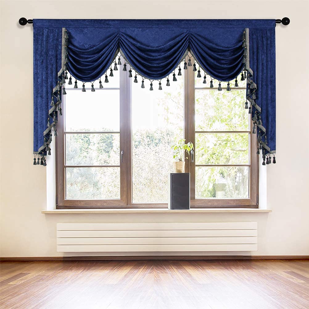 Elkca Thick Chenille Window Curtains Valance For Living Room Soft Royal Blue Waterfall Valance For Bedroom,Rod Pocket (Royal Blu