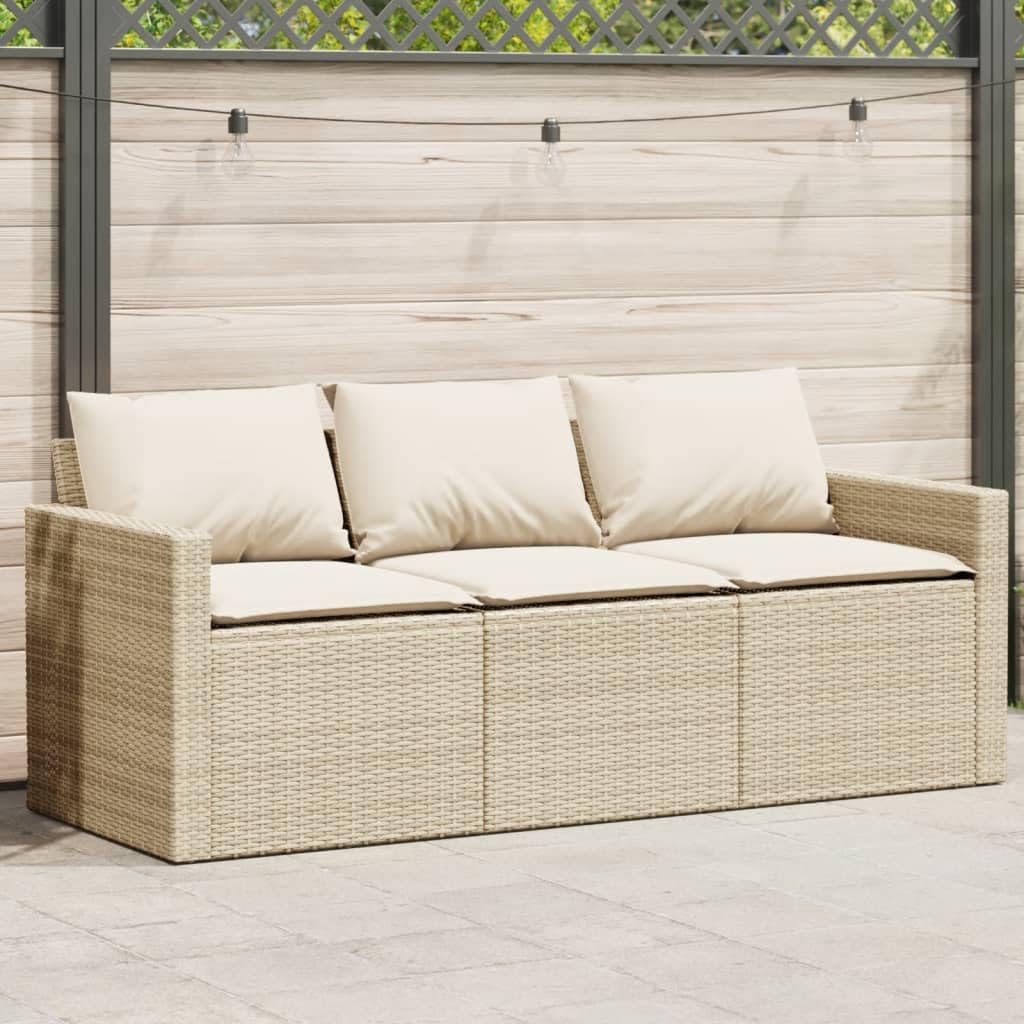 vidaXL 3 Seater Garden Sofa with Cushions PE Rattan Beige Outdoor Sofa 3 Seater Garden Sofa Four Person Garden Sofa