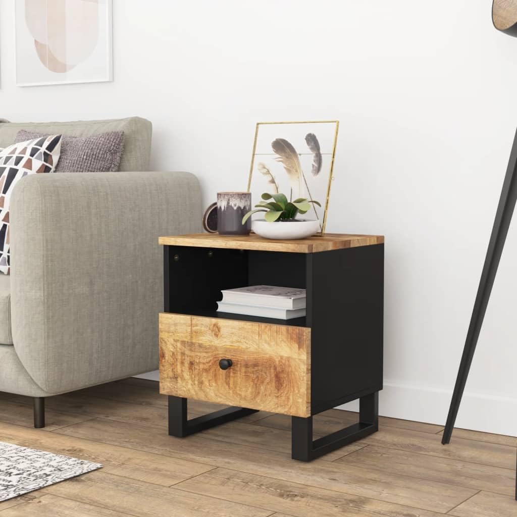 vidaXL Industrial Bedside Cabinet with Storage Compartment and Drawer- Solid Mango and Engineered Wood, Brown Light Wood