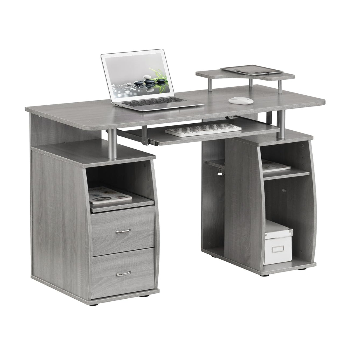 Techni Mobili 47&quot; Computer Desk with Drawers and Storage, Office Desk with Printer Shelf, Pull Out Shelf and Keyboard Tray, Computer Workstation, Grey