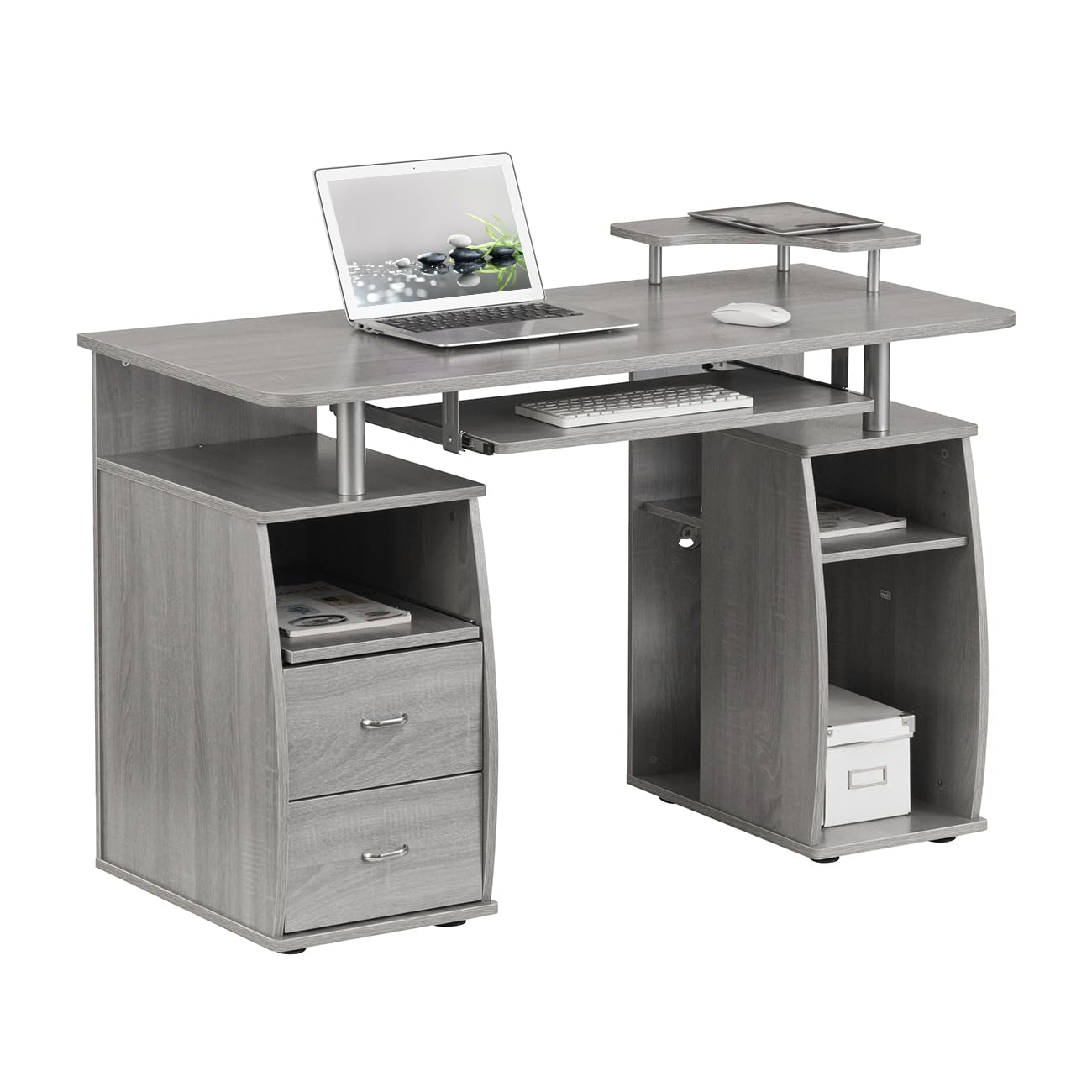 Techni Mobili 47" Computer Desk with Drawers and Storage, Office Desk with Printer Shelf, Pull Out Shelf and Keyboard Tray, Computer Workstation, Grey