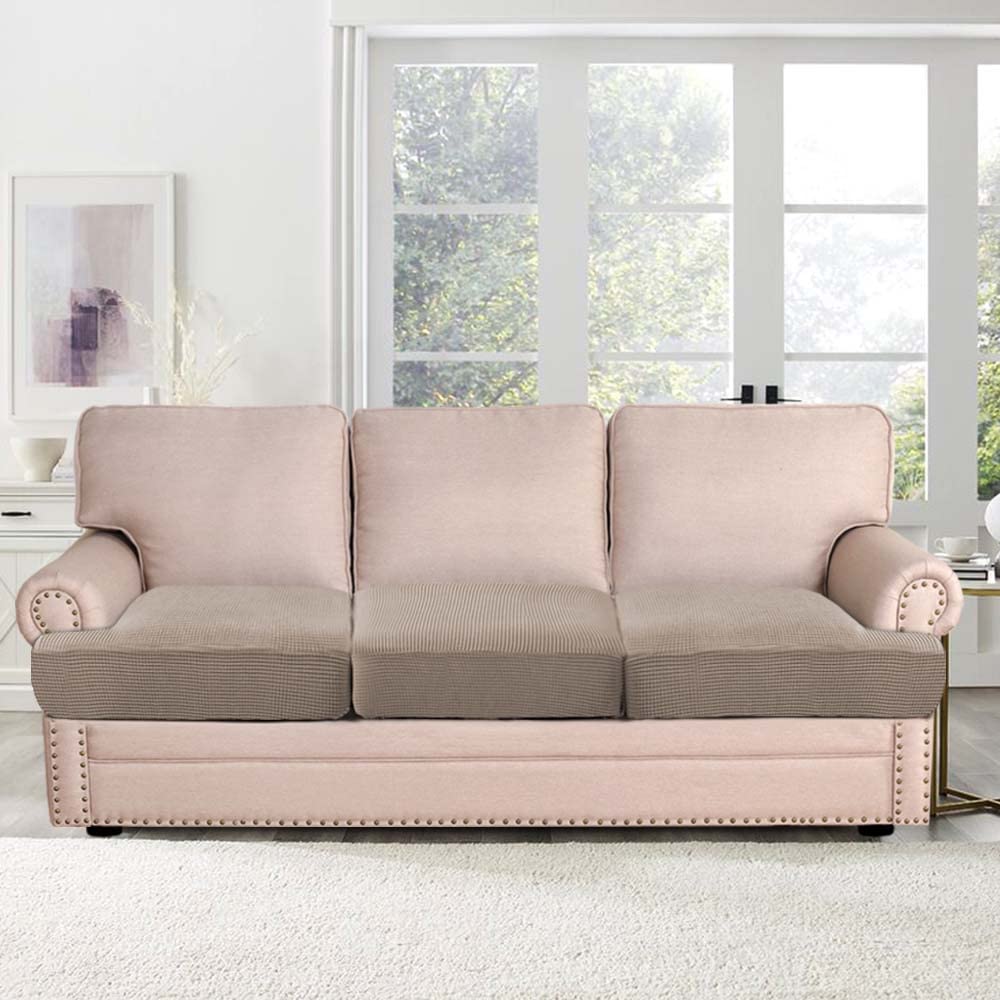 H.Versailtex Stretch 3 Piece T Cushion Sofa Slipcovers Individually Sofa Cushion Covers For 3 Cushion Couch Sofa Seat Cushion Covers With Elastic Bands Featuring Thicker Jacquard Fabric, Taupe