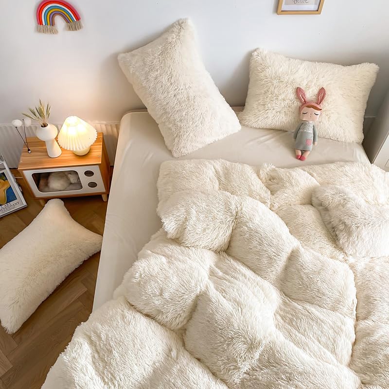 Chovy Faux Fur Plush Milky White Comforter Sets Twin - Ultra Soft Shaggy Flannel Velvet Fluffy Fuzzy 3Pc Bedding Set (Comforter