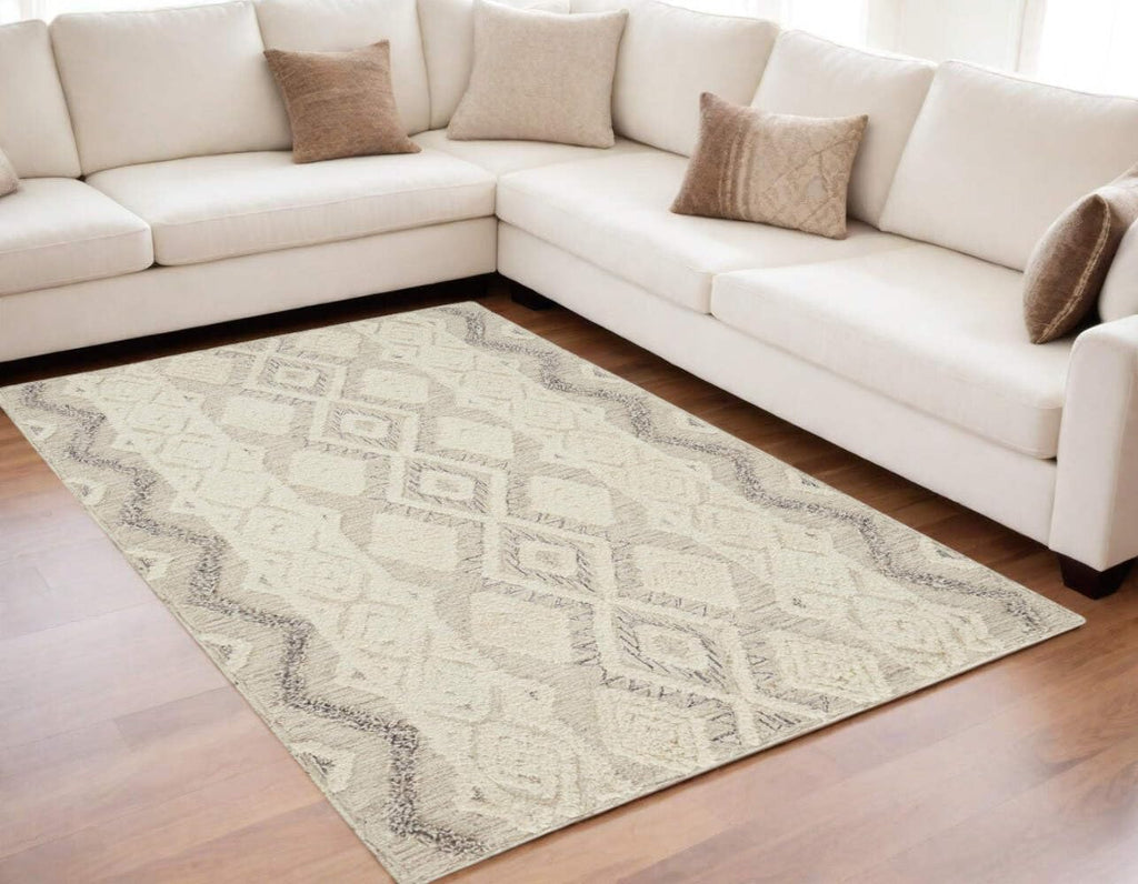 HomeRoots 512776 8 x 10 ft. Ivory Taupe & Gray Wool Geometric Hand Tufted Handmade Stain Resistant Rectangle Area Rug