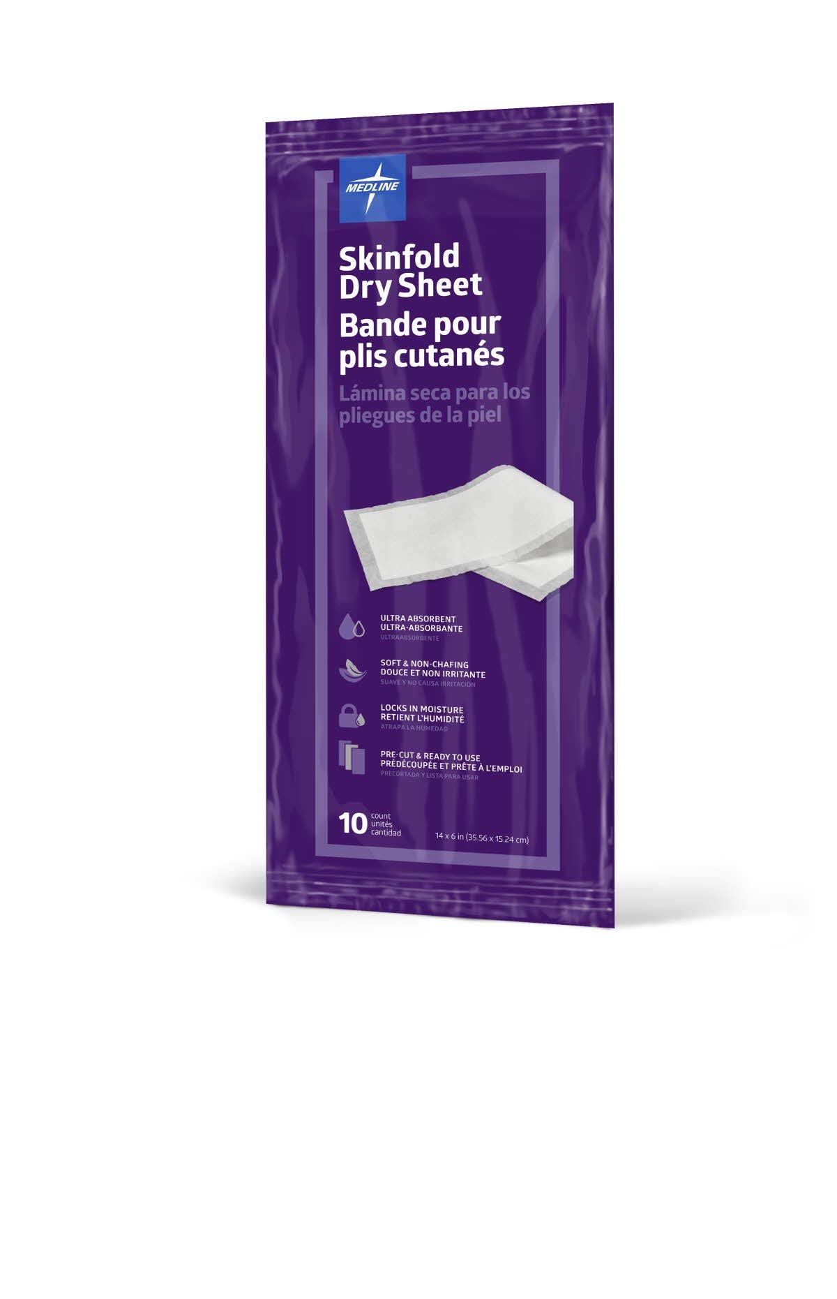 Medline Skinfold Dry Sheet, Skin Moisture Management, Soft, Non-Chafing, Pre-Cut & Ready to Use, 6 x 14 (10 Count)