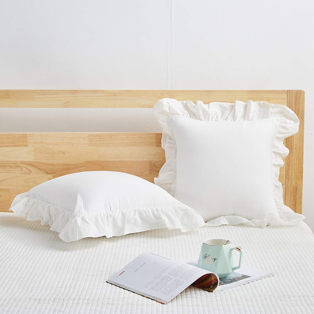 Mywinlle Vintage Off White Ruffle Euro Shams Shabby Farmhouse Pillow Cover 100% Washed Cotton Pillowcases Set Of 2-26''X26''