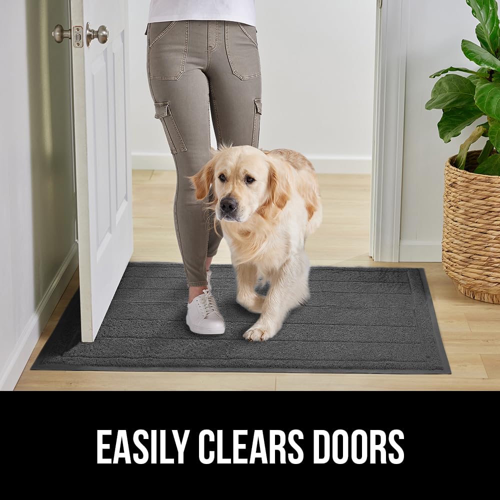 Gorilla Grip Dirt Grabber Mesh Door Mat, Low-Profile, Stain And Fade Resistant Heavy Duty Quick Dry Striped Doormat, Mats For Indoor Outdoor Entry, Shoe Scraper, Garage Entrance Mat, 47X35 Dark Gray