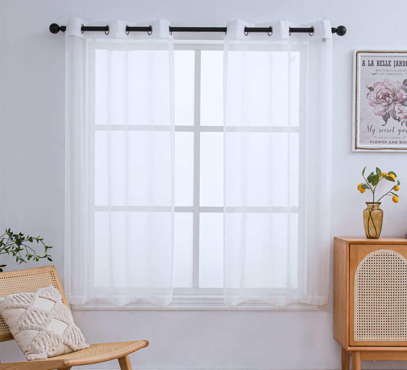 Pi Short Sheer Curtains Grommet Panels,Light Voile Textured Sheer Curtain For Kitchen/Study Room 2 Panels (W52 X L45, Optical White)