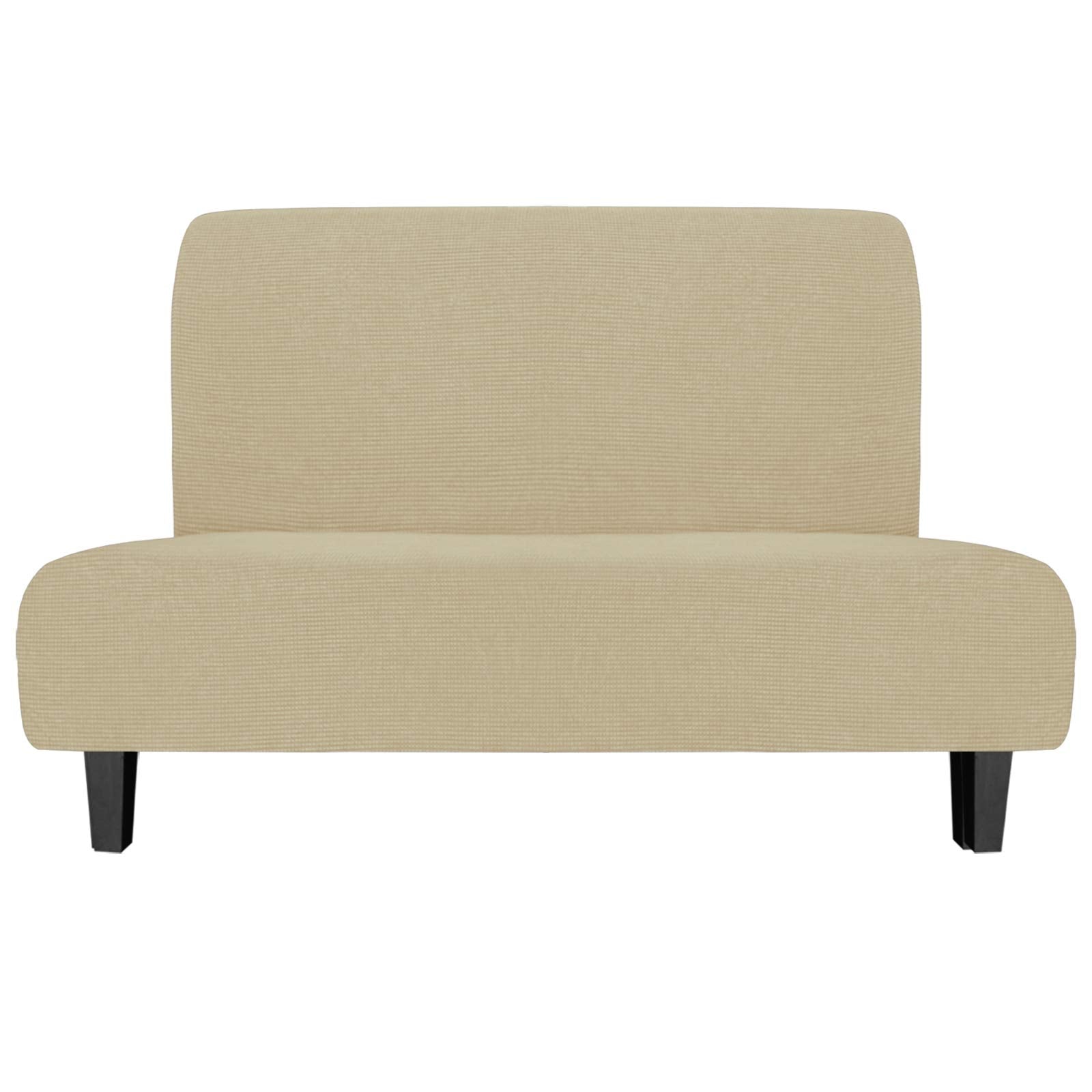 Easy-Going Stretch Futon Slipcover Armless Futon Bed Cover Furniture Protector Without Armrests With Elastic Bottom For Kids, Soft Jacquard Fabric Small Checks (Medium, Beige)