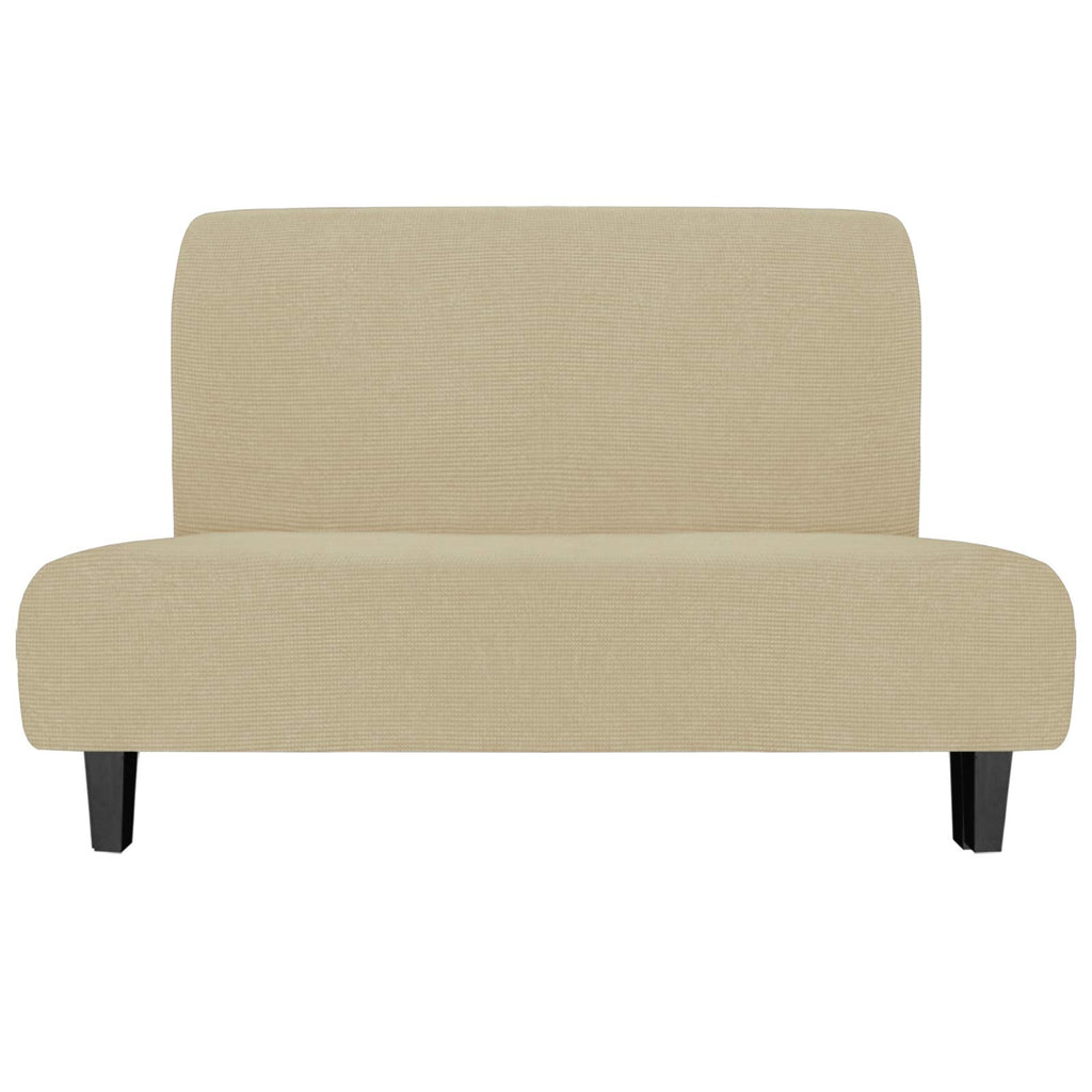 Easy-Going Stretch Futon Slipcover Armless Futon Bed Cover Furniture Protector Without Armrests With Elastic Bottom For Kids, Soft Jacquard Fabric Small Checks (Medium, Beige)