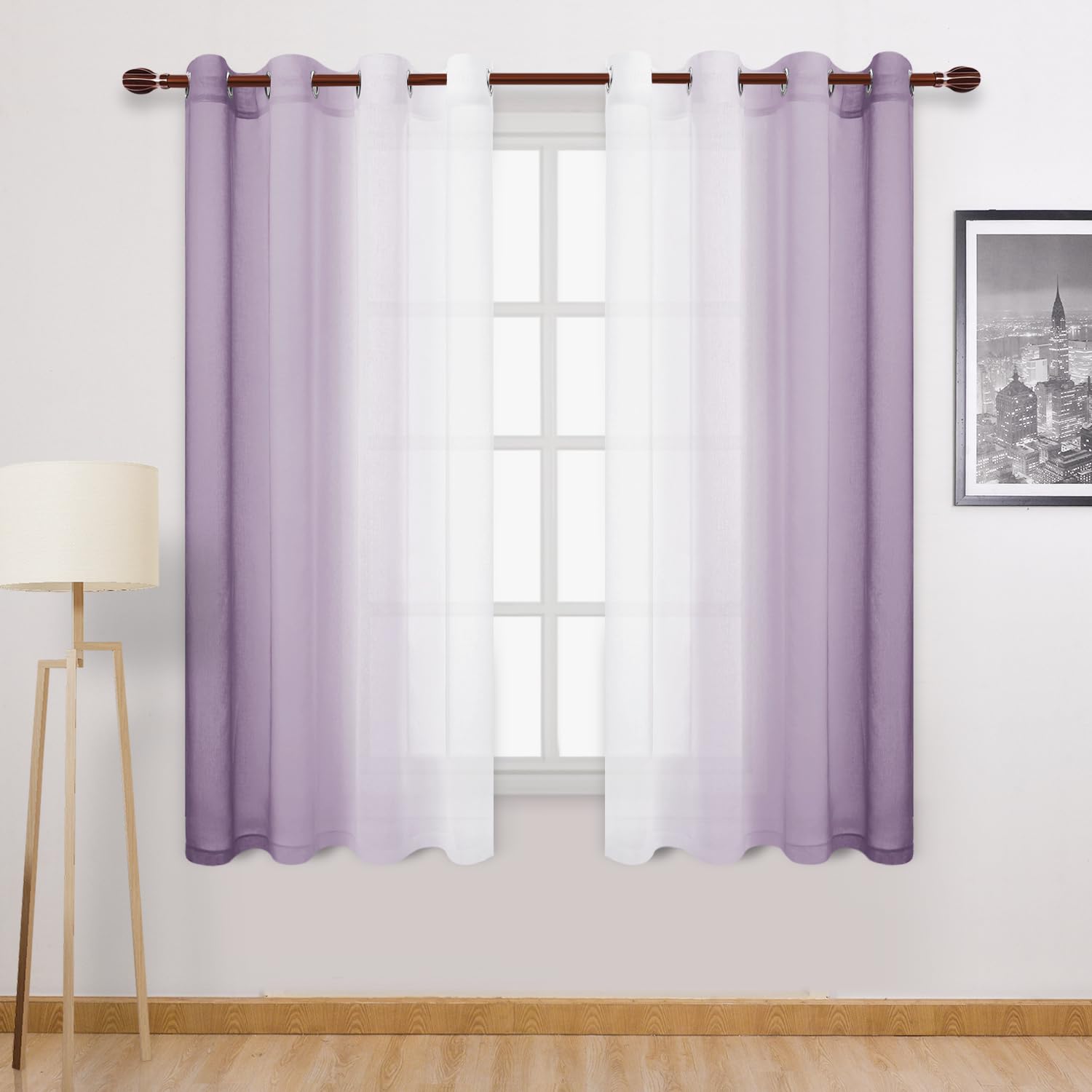 Dwcn Lavender Faux Linen Ombre Sheer Curtains - 63 Inches Long Gradient Semi Voile Curtains For Bedroom And Living Room, Set Of