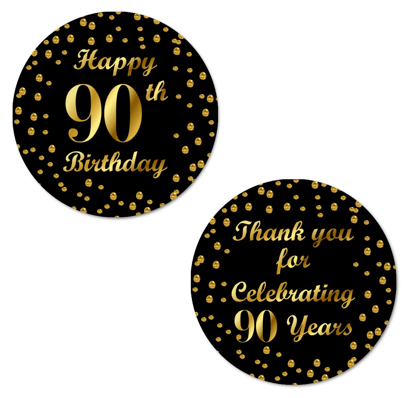 90Th Birthday Round 2 Inch Big Glossy Stickers, Thank You For Celebrating 90 Years Black And Gold Labels, Great For Party Favors