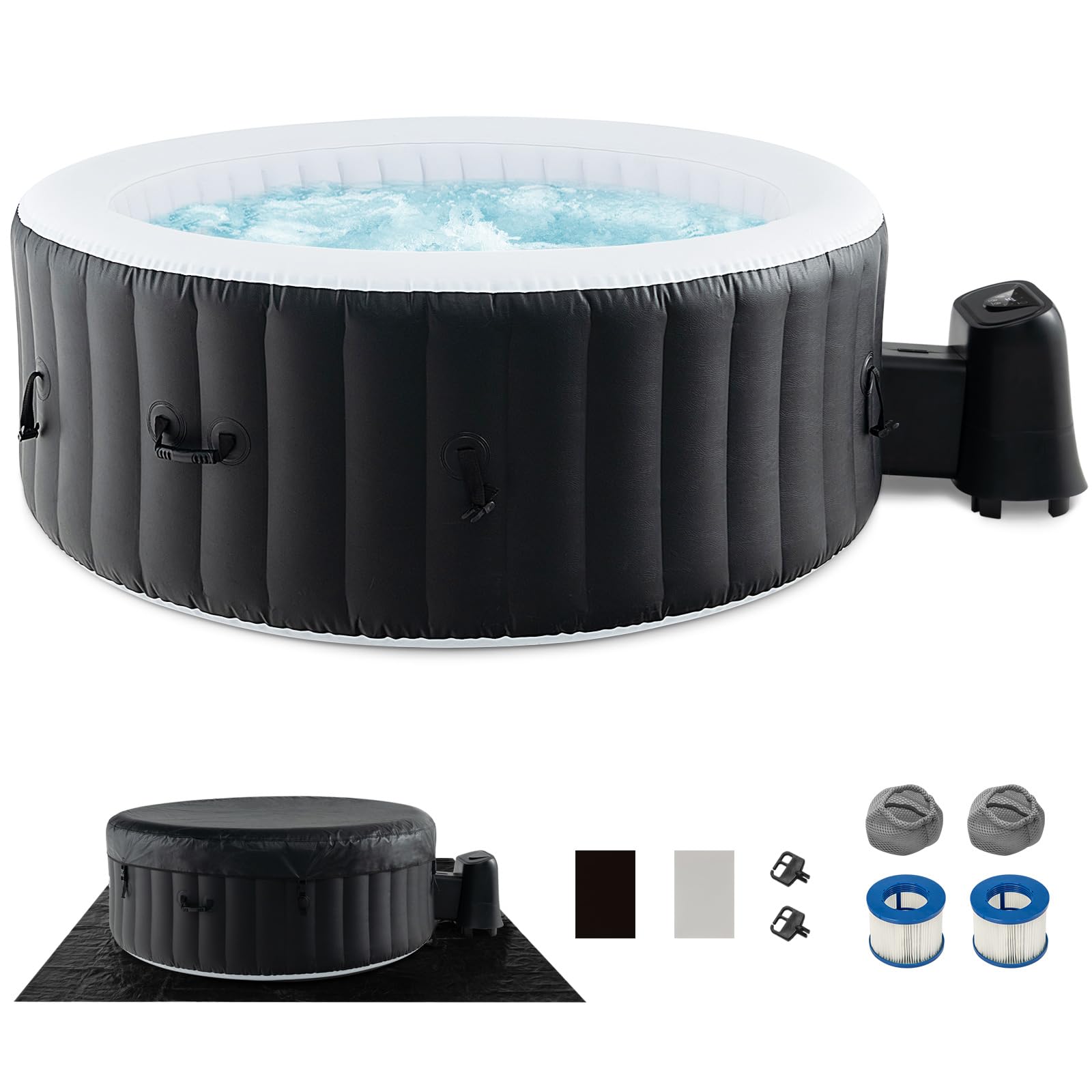 Goplus Inflatable Hot Tub, 4-6 Person Blowup Pool Hottub W/130 Air Jets, Heater Pump, Filter Cartridges, Insulated Cover, Ground