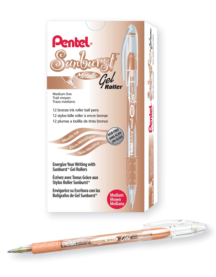 Pentel Sunburst Metallic Gel Pen, 0.8Mm Tip Writes 0.4Mm Line, Bronze/Transparent Barrel Bronze Ink, Box Of 12 (K908-Me)