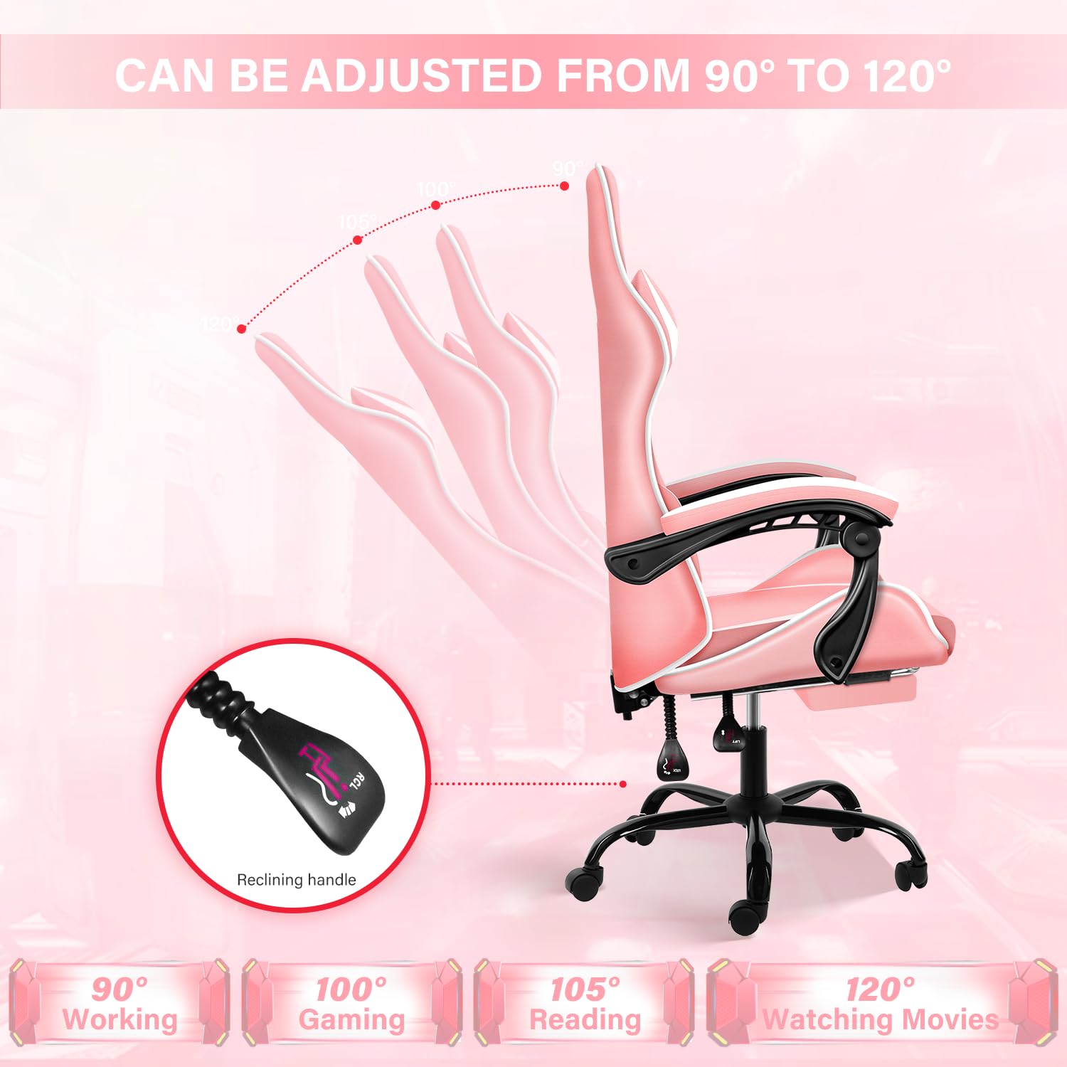 Gaming Chair, Backrest And Seat Height Adjustable Swivel Recliner Racing Office Computer Ergonomic Video Game Chair With Footrest And Lumbar Support, Pink/White