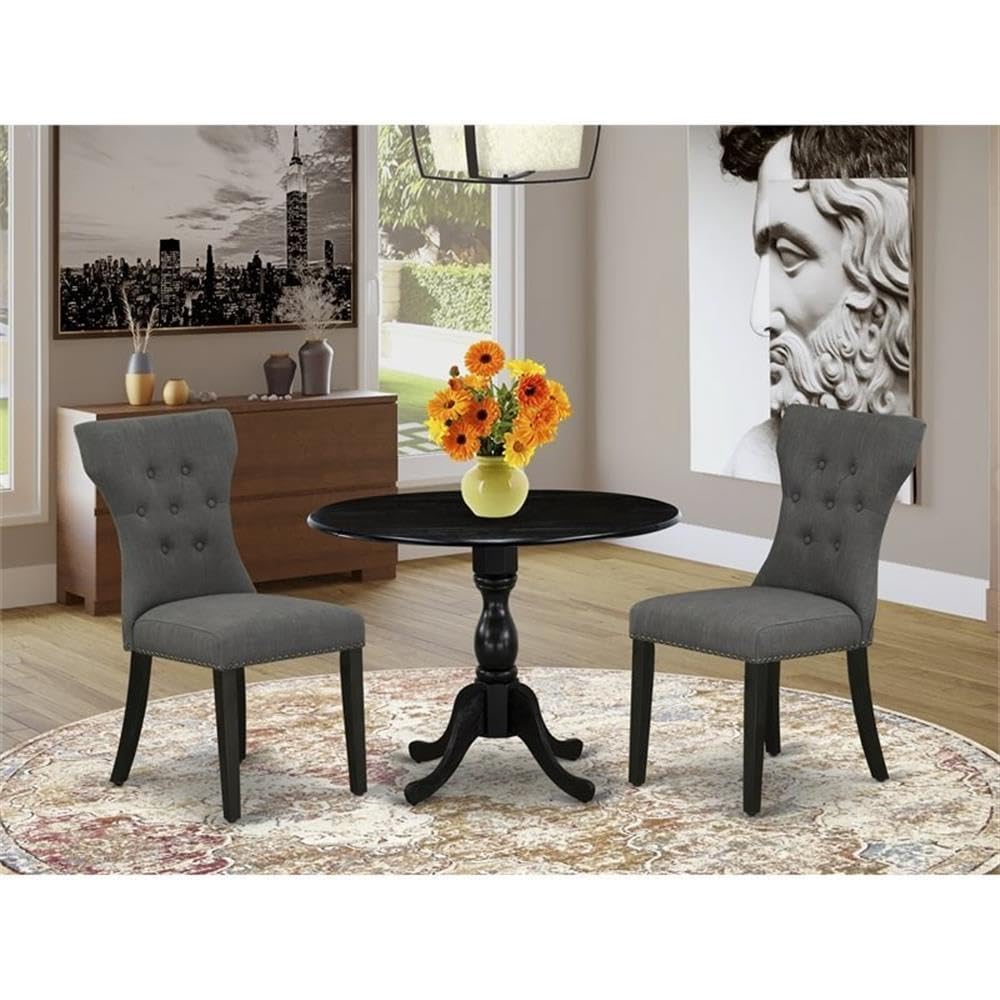 East West Furniture DMGA3-ABK-50 3 Piece Dinette Set for Small Spaces Contains a Round Dining Table with Dropleaf and 2 Dark Gotham Linen Fabric Parson Chairs, 42x42 Inch, Wirebrushed Black