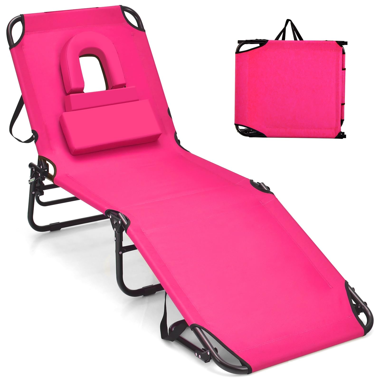GYMAX Tanning Chair, 350lbs Beach Lounge Chair with Face Hole, Washable Pillow & Carry Strap, Adjustable Folding Chaise Lounge, 