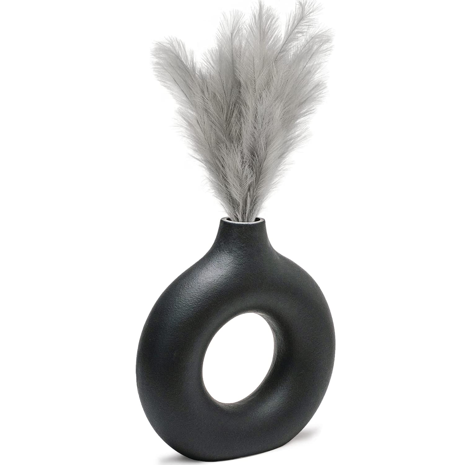 CEMABT Donut Vase Black Hollow Ceramic Vase for Flowers Handmade Minimalist Boho Style Decor for Wedding Dinner Table Party Livi