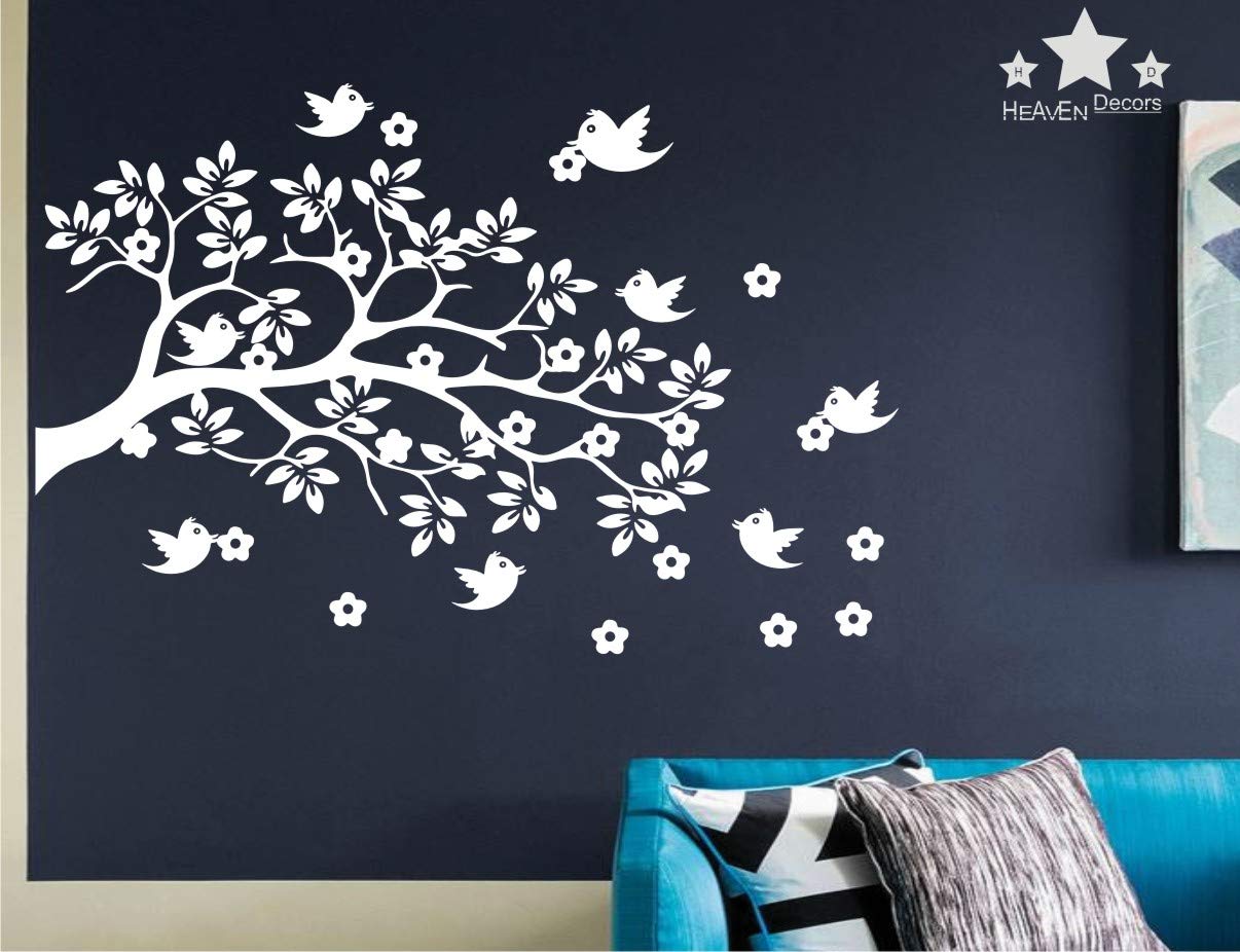 Heaven Decors Birds On Tree with Flower Wall Sticker for Living Room (PVC Vinyl, Ideal Size on Wall 59 cm x 83 cm) White