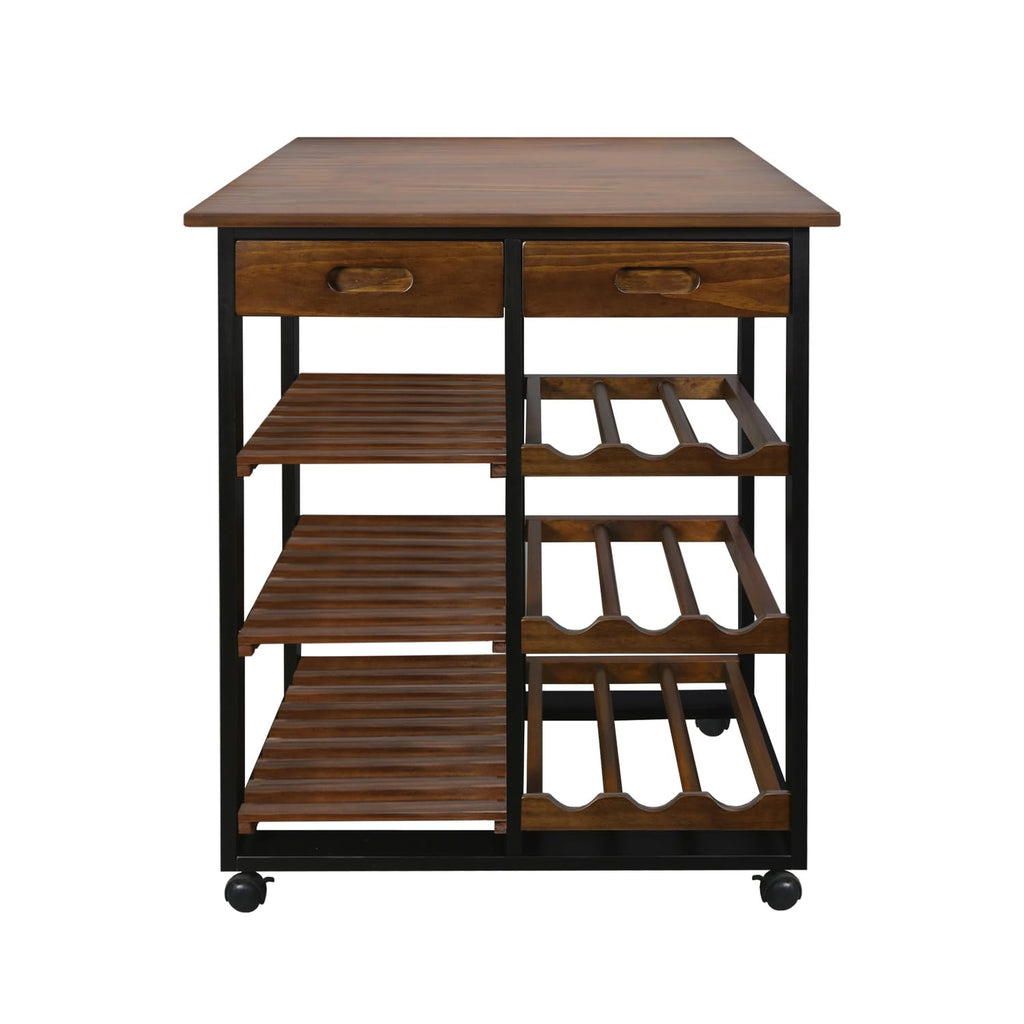 Casual Home Solid Wood 28" Wide L 4-Tier Rolling Kitchen Island Trolley With Wine Rack And Drawer, Mocha/Black