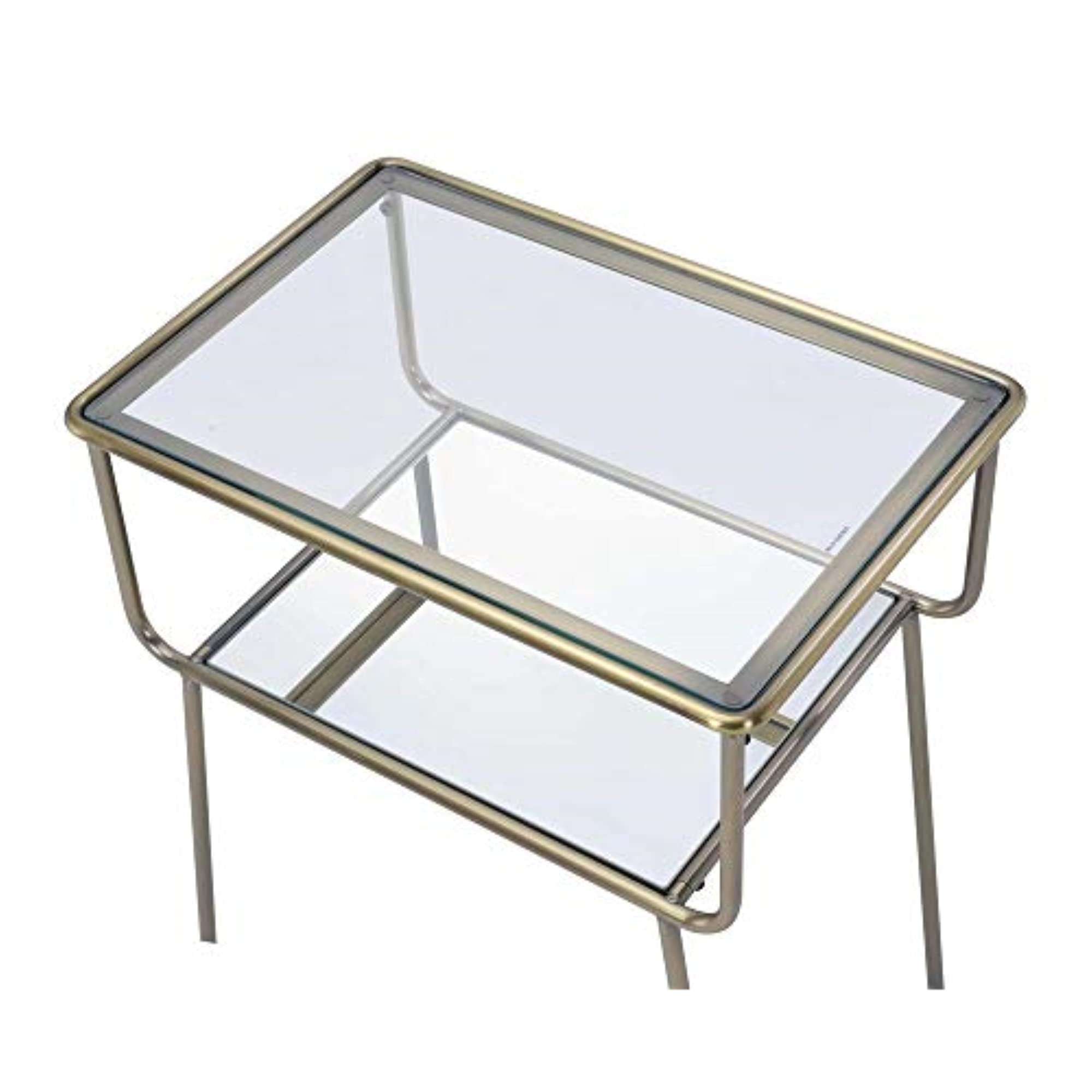 Acme Rhodie Rectangular Glass Top End Table with Mirror Shelf in Antique Brass